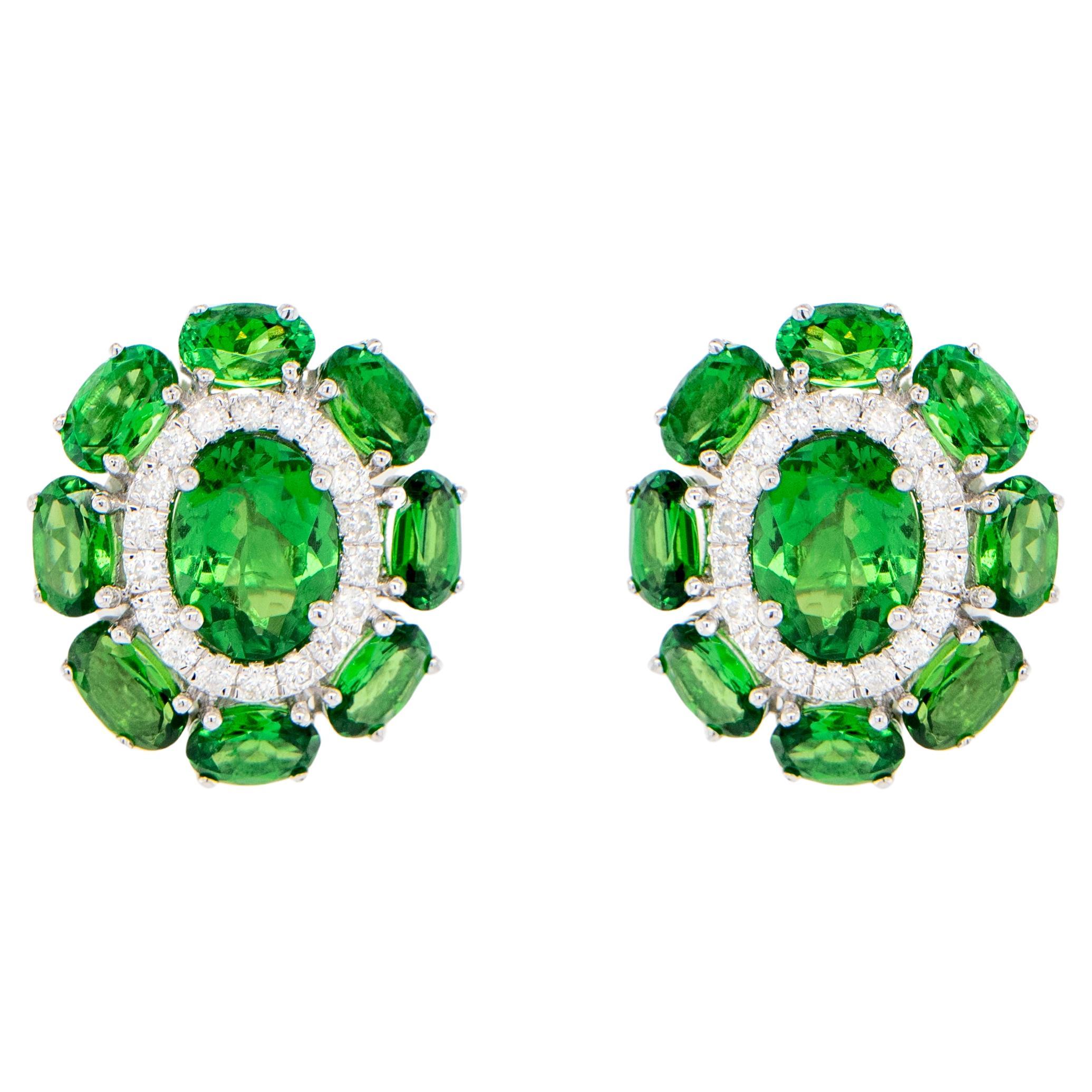 Tsavorite Stud Earrings With Diamonds 7.33 Carats 18K White Gold For Sale
