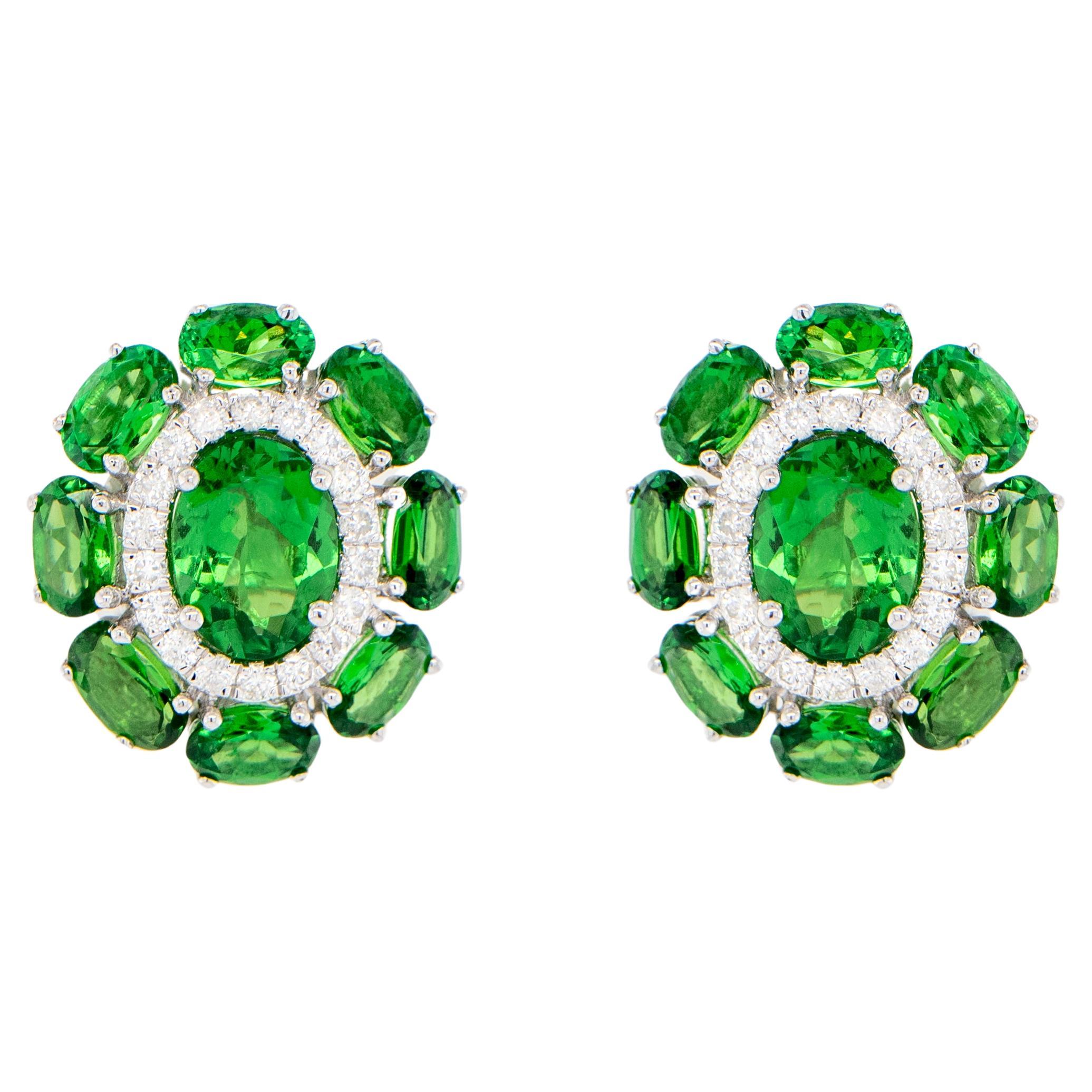 Tsavorite Stud Earrings With Diamonds 7.33 Carats 18K White Gold