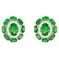 Tsavorite Stud Earrings With Diamonds 7.33 Carats 18K White Gold