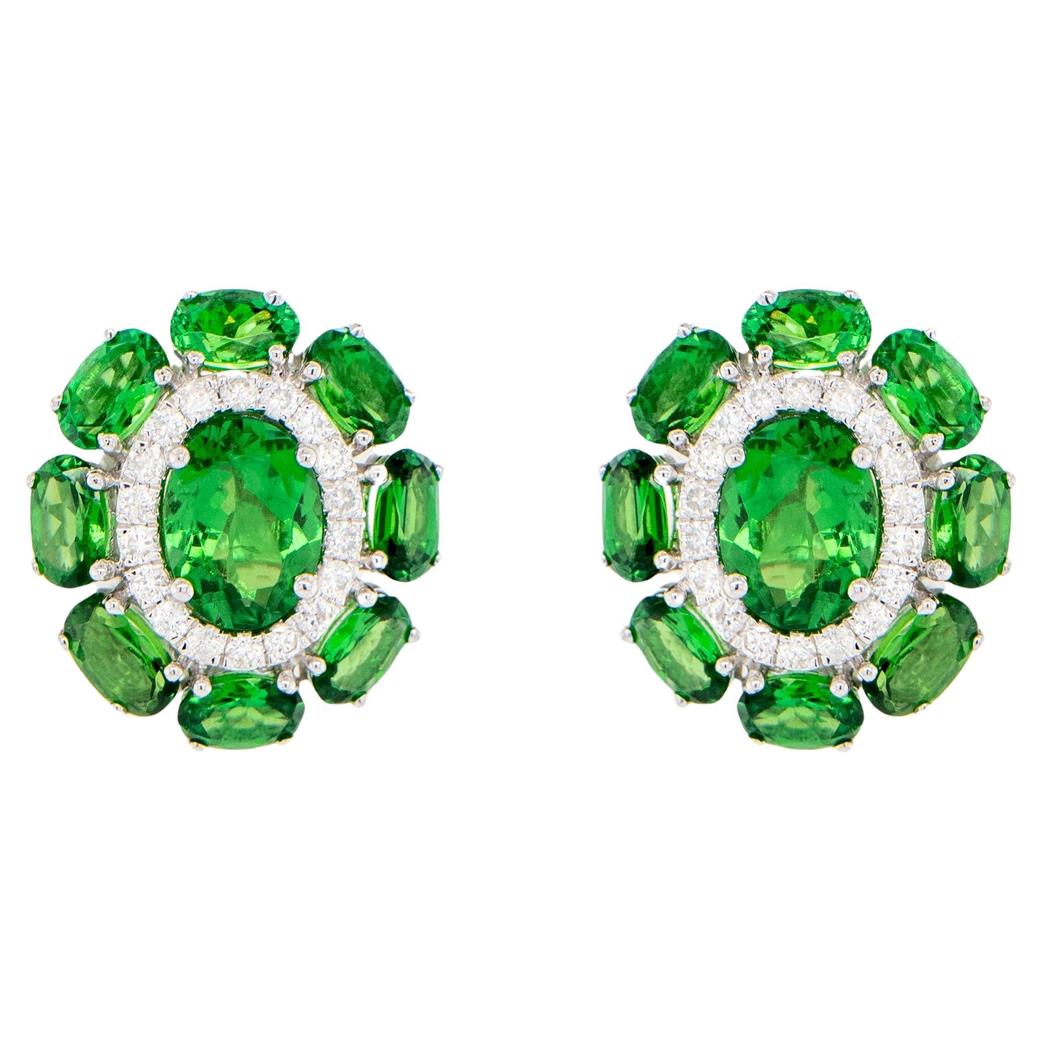 Tsavorite Stud Earrings With Diamonds 7.33 Carats 18K White Gold For Sale