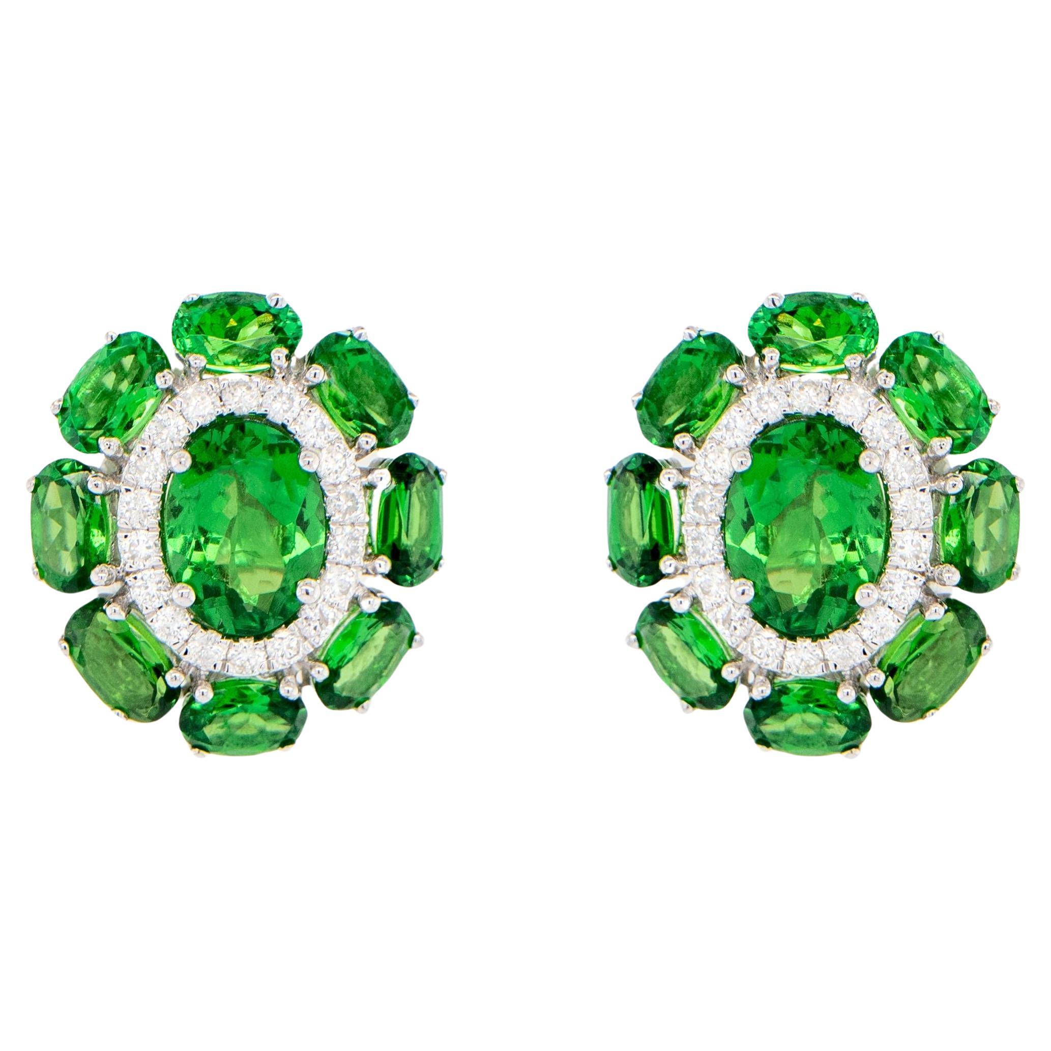 Tsavorite Stud Earrings With Diamonds 7.33 Carats 18K White Gold