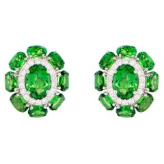 Tsavorite Stud Earrings With Diamonds 7.33 Carats 18K White Gold