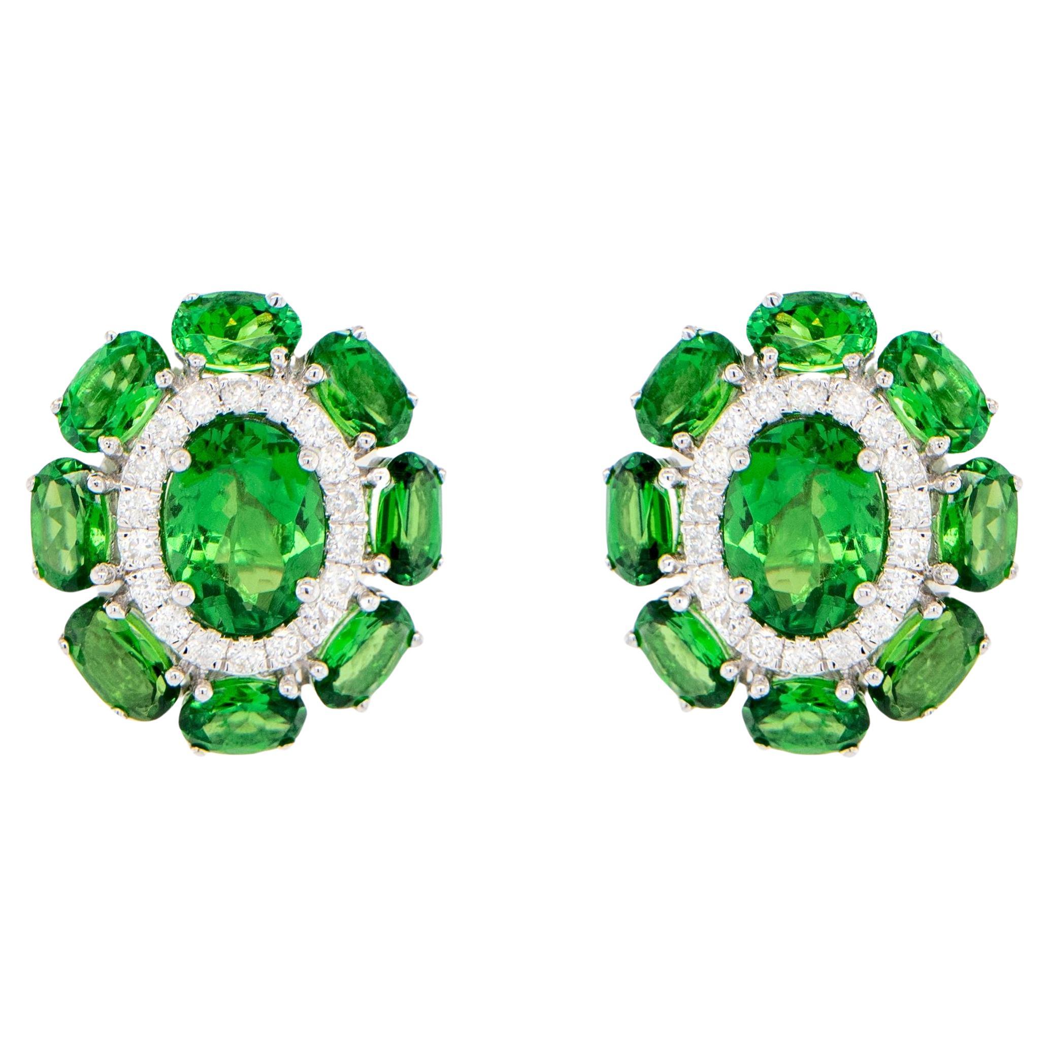 Tsavorite Stud Earrings With Diamonds 7.33 Carats 18K White Gold