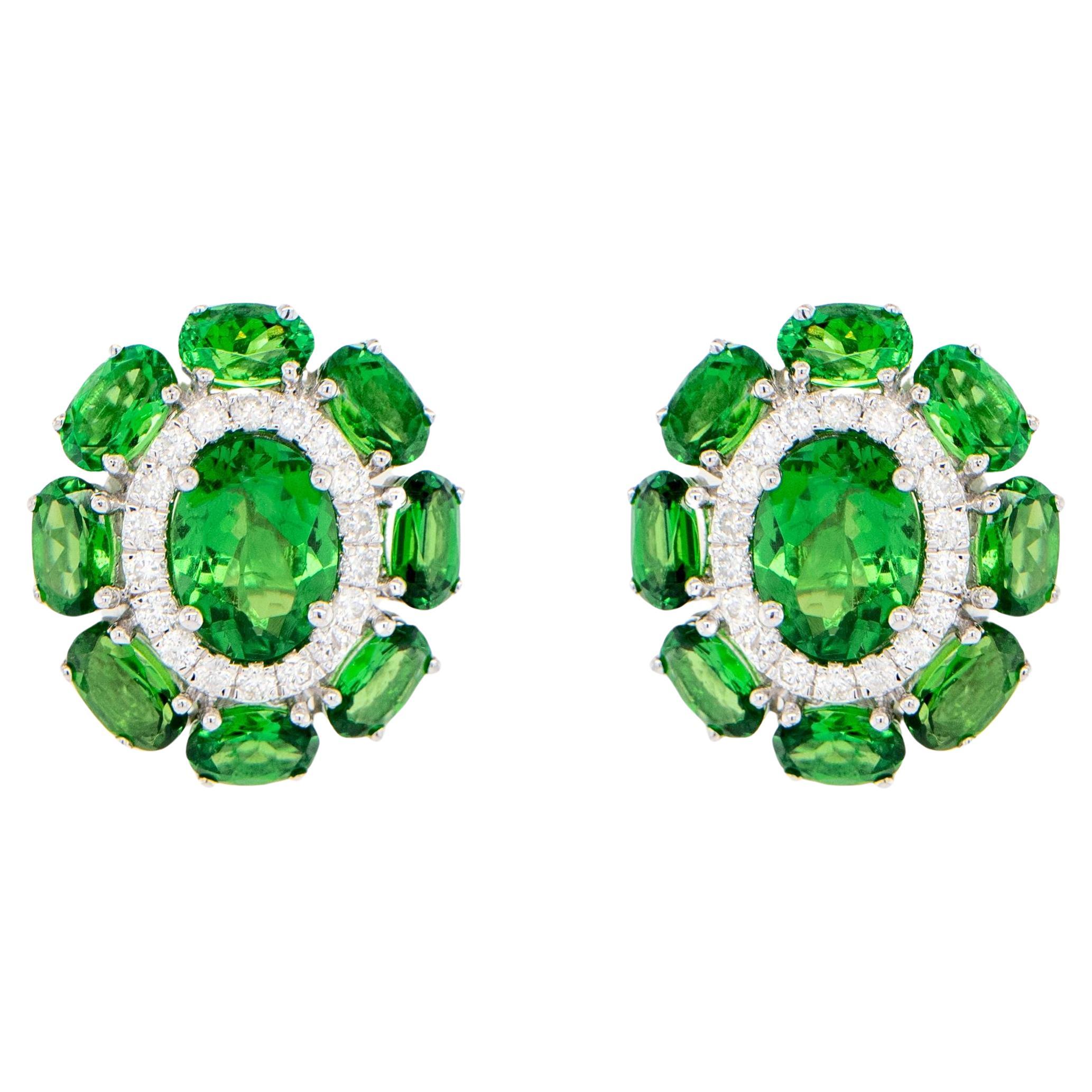 Tsavorite Stud Earrings With Diamonds 7.33 Carats 18K White Gold