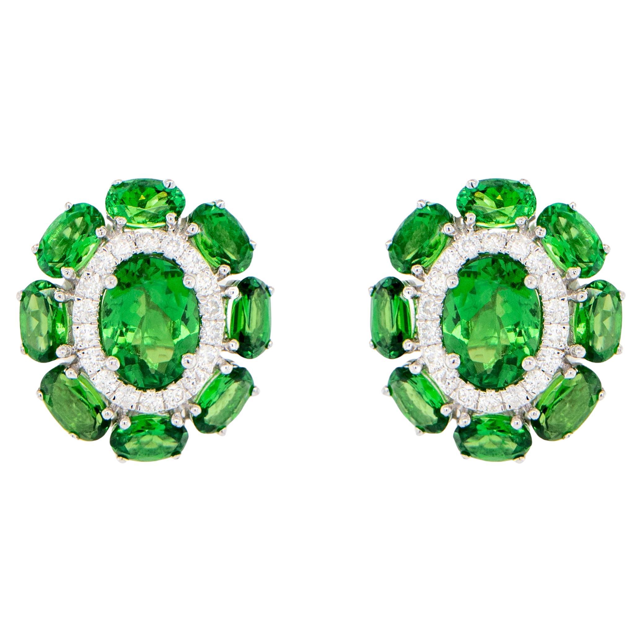 Tsavorite Stud Earrings With Diamonds 7.33 Carats 18K White Gold