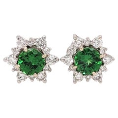 Tsavorite Stud Earrings with Natural Diamond Accents: Solid 14k White Gold, 4mm