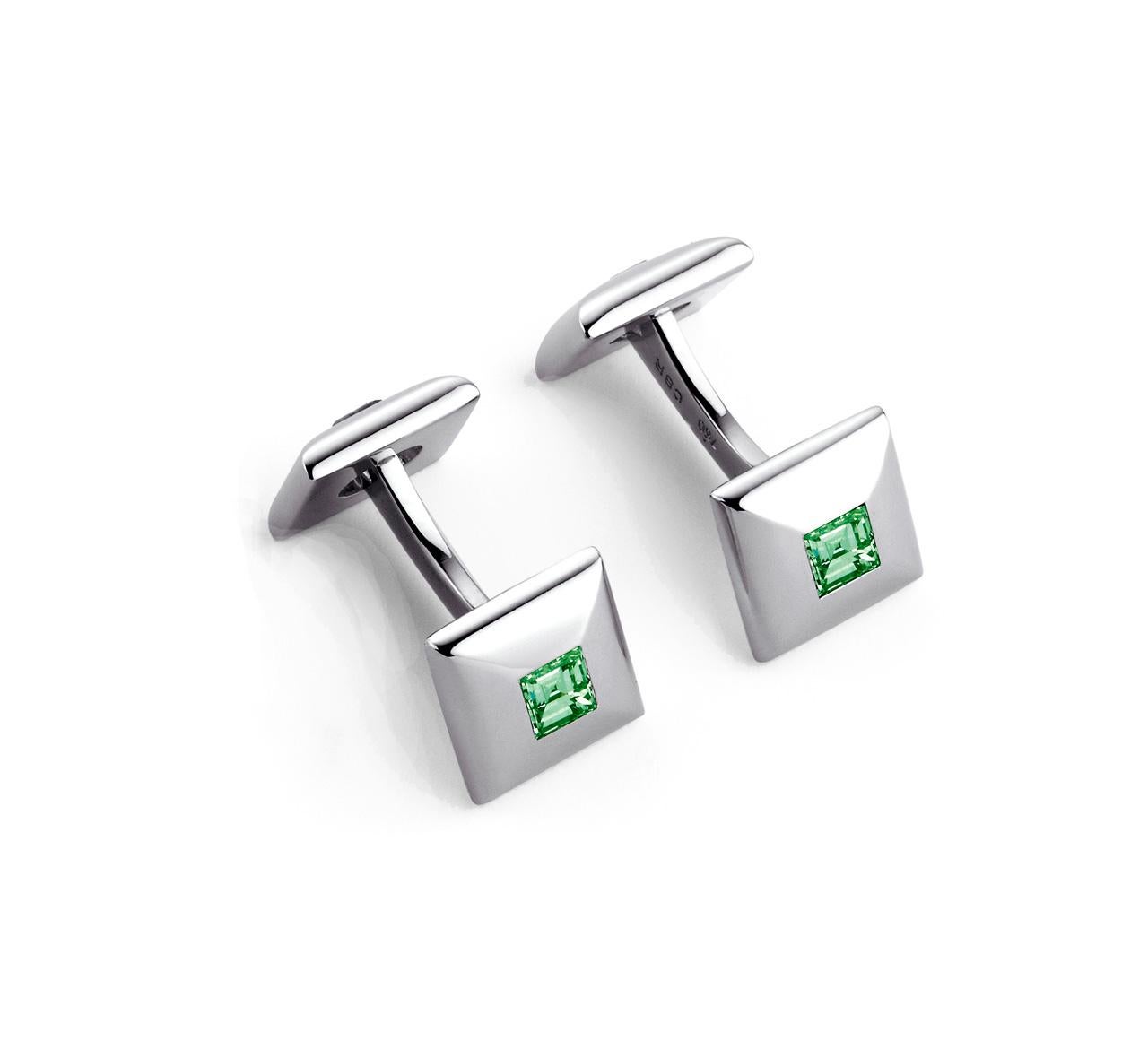 Elegant pair of classic Brioni style cufflinks 18 carat white gold with 4 tsavorites 2.19 ct. Exquisitely hand made.
