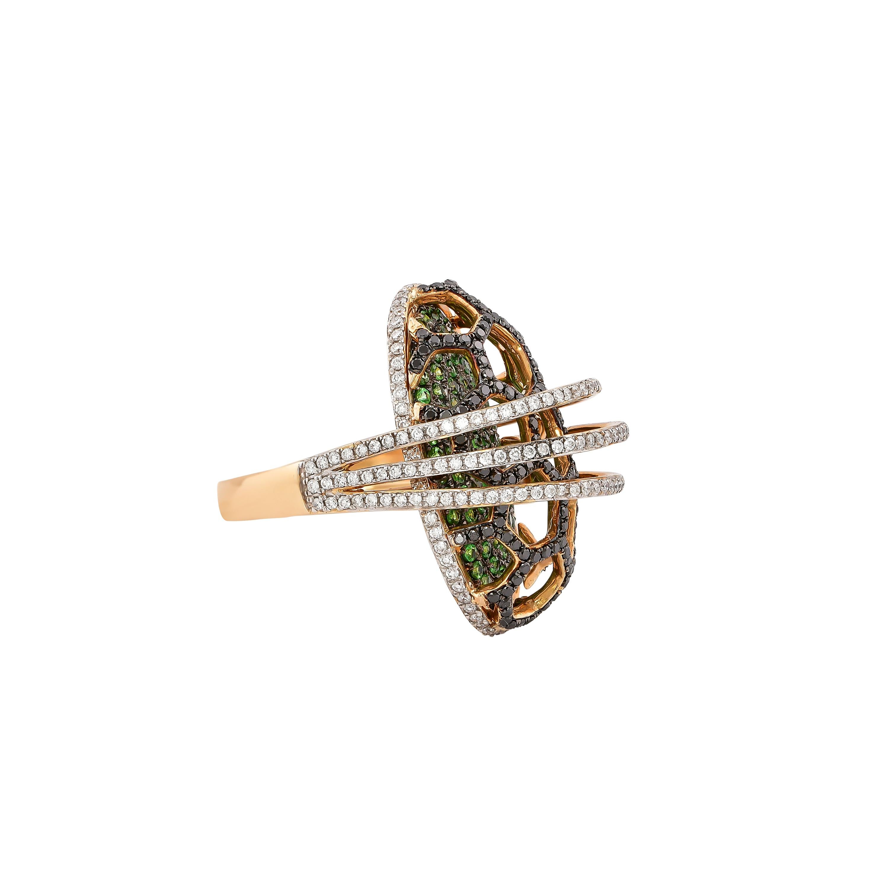 Sunita Nahata presents a collection of fancy cocktail rings with gorgeous gemstones. This ring uses a pave base of tsavorite with an architecturally constructed black and white diamond cage on top. This unique and contrasting design presents a