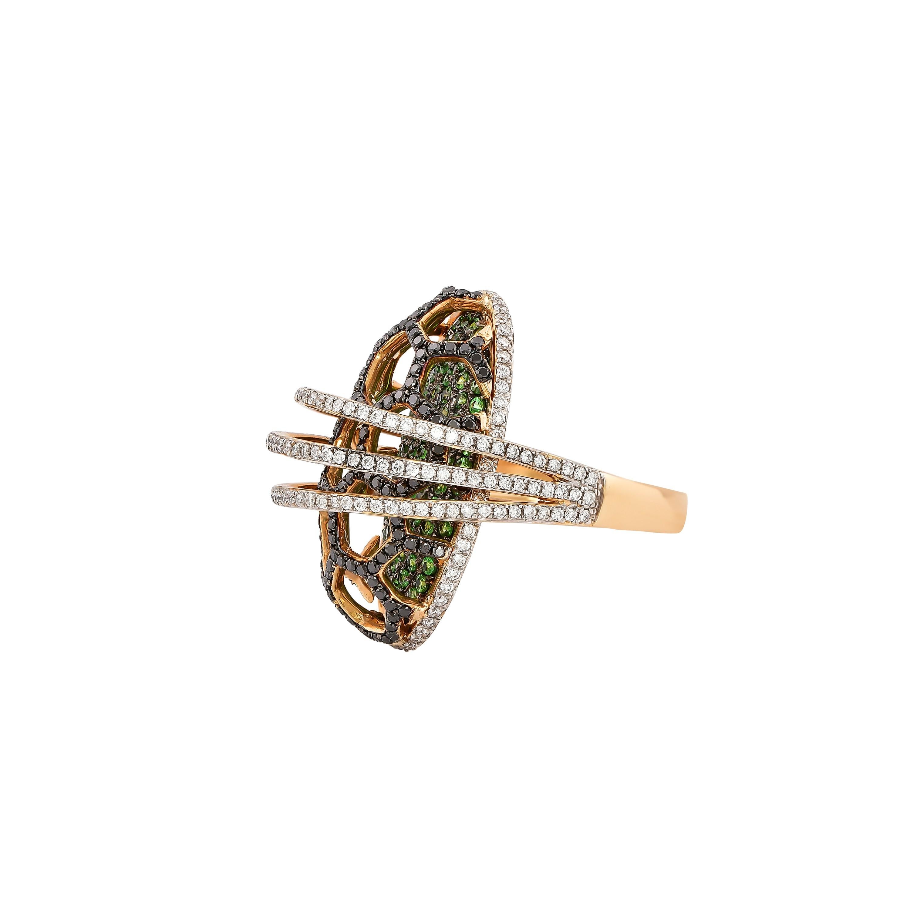 Contemporary Tsavorite with Black & White Diamond Cocktail Ring in 14 Karat Yellow Gold For Sale