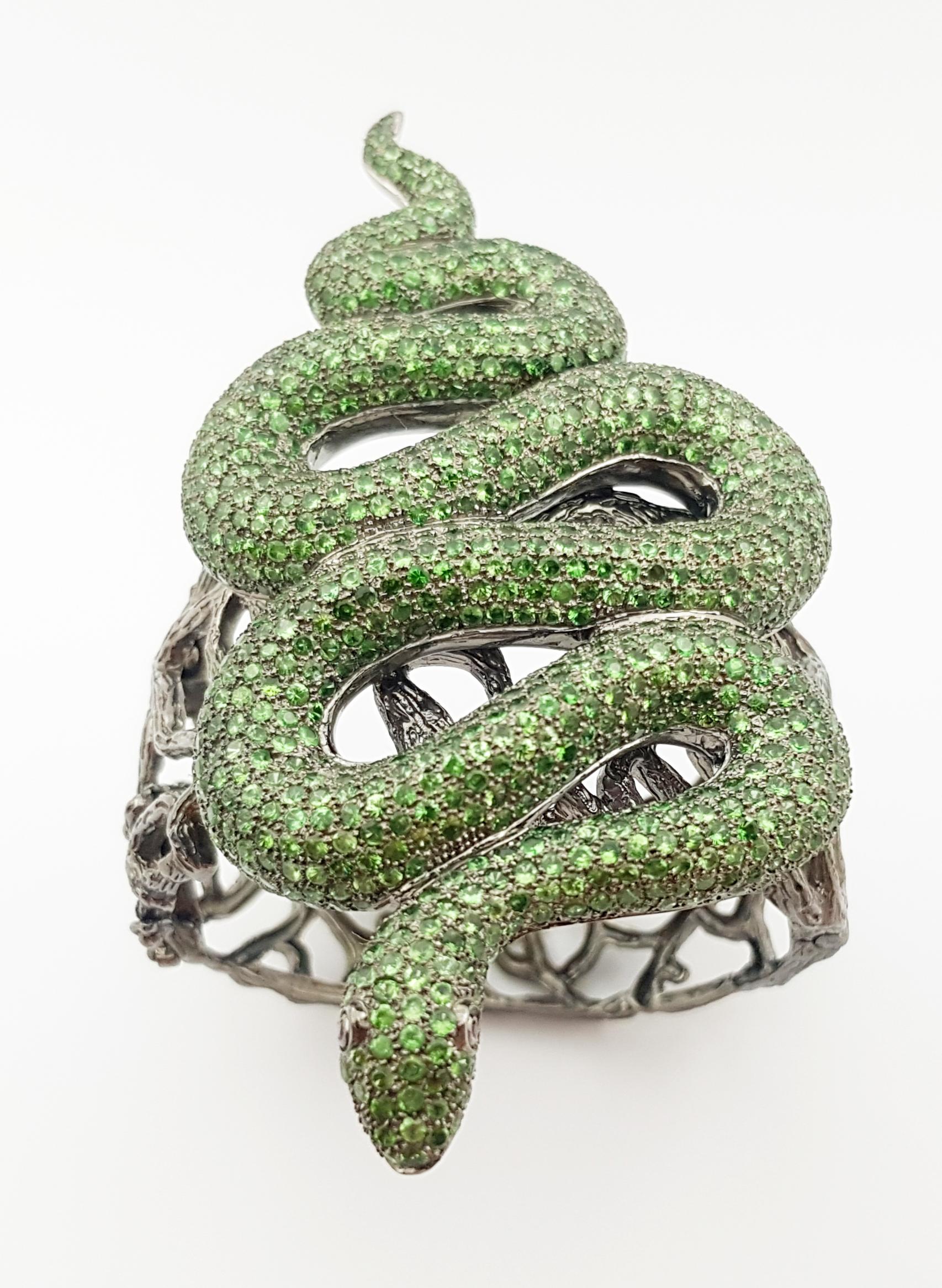 Contemporary Tsavorite with Cabochon Ruby Snake Bangle set in Silver Settings For Sale