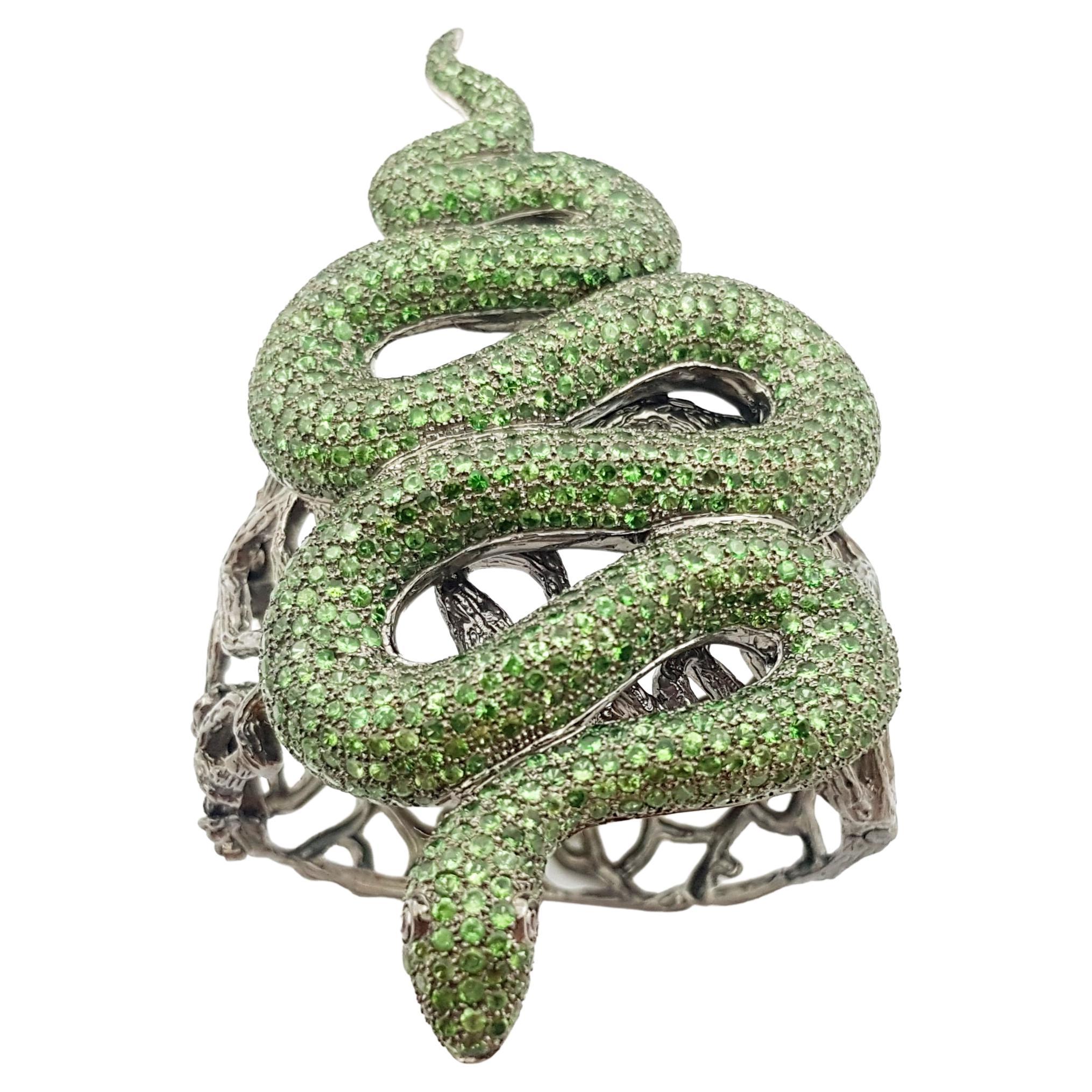 Tsavorite with Cabochon Ruby Snake Bangle set in Silver Settings For Sale