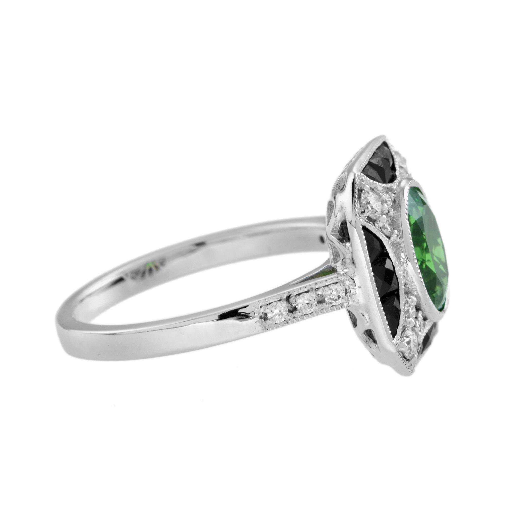 Oval Cut Tsavorite with Diamond and Onyx Accent Art Deco Style Ring in 14k White Gold For Sale