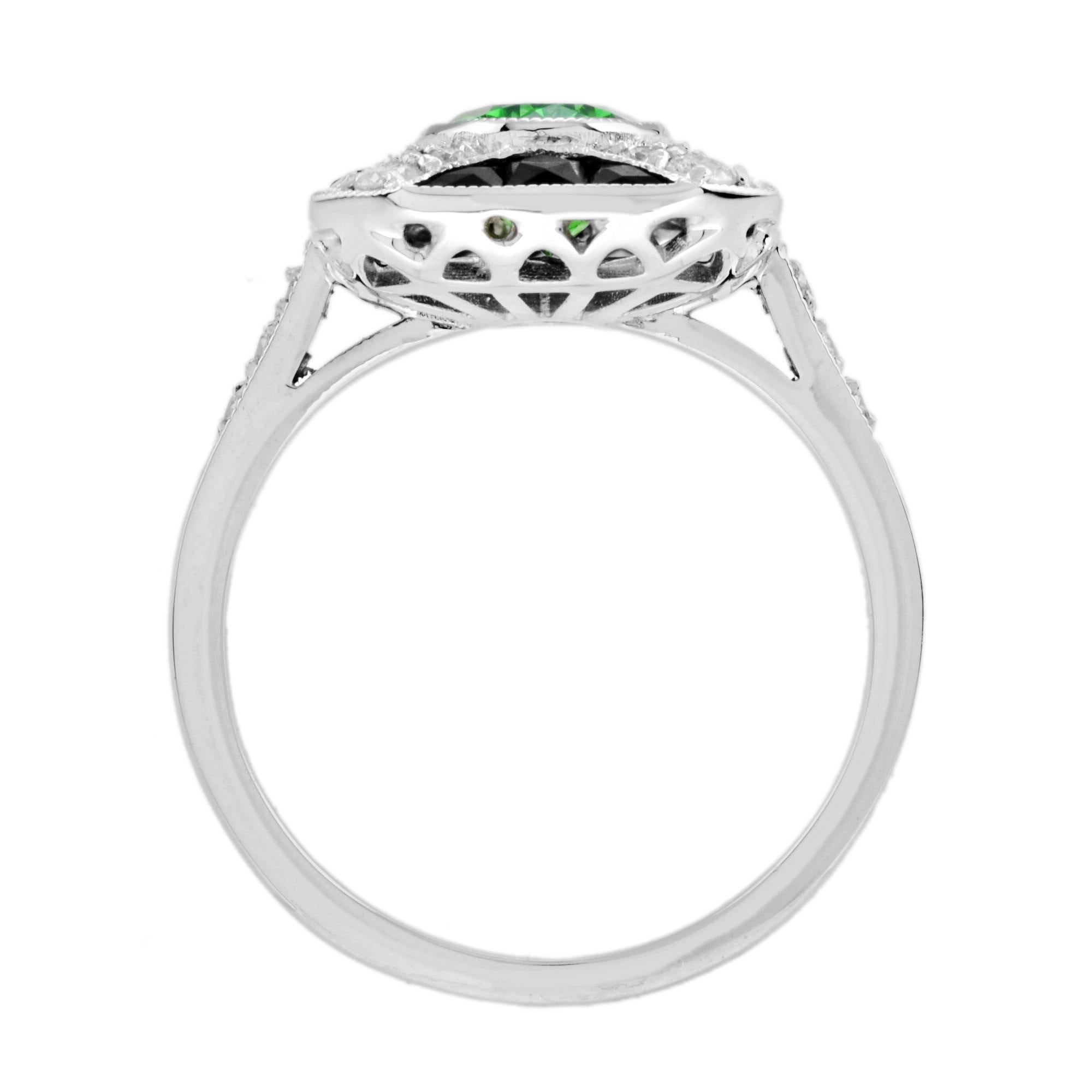 Women's Tsavorite with Diamond and Onyx Accent Art Deco Style Ring in 14k White Gold For Sale