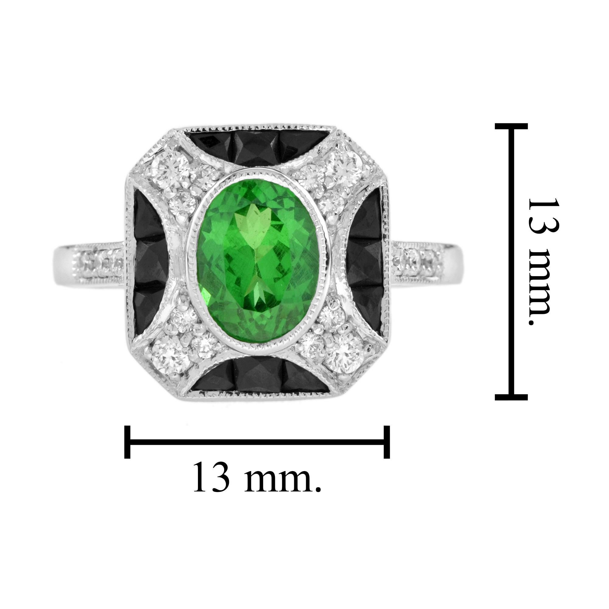 Tsavorite with Diamond and Onyx Accent Art Deco Style Ring in 14k White Gold For Sale 1