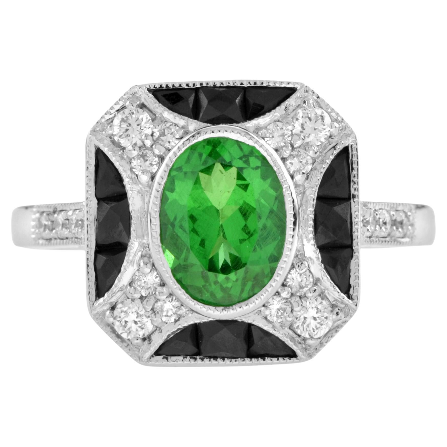 Tsavorite with Diamond and Onyx Accent Art Deco Style Ring in 14k White Gold