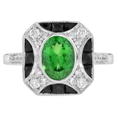 Tsavorite with Diamond and Onyx Accent Art Deco Style Ring in 14k White Gold