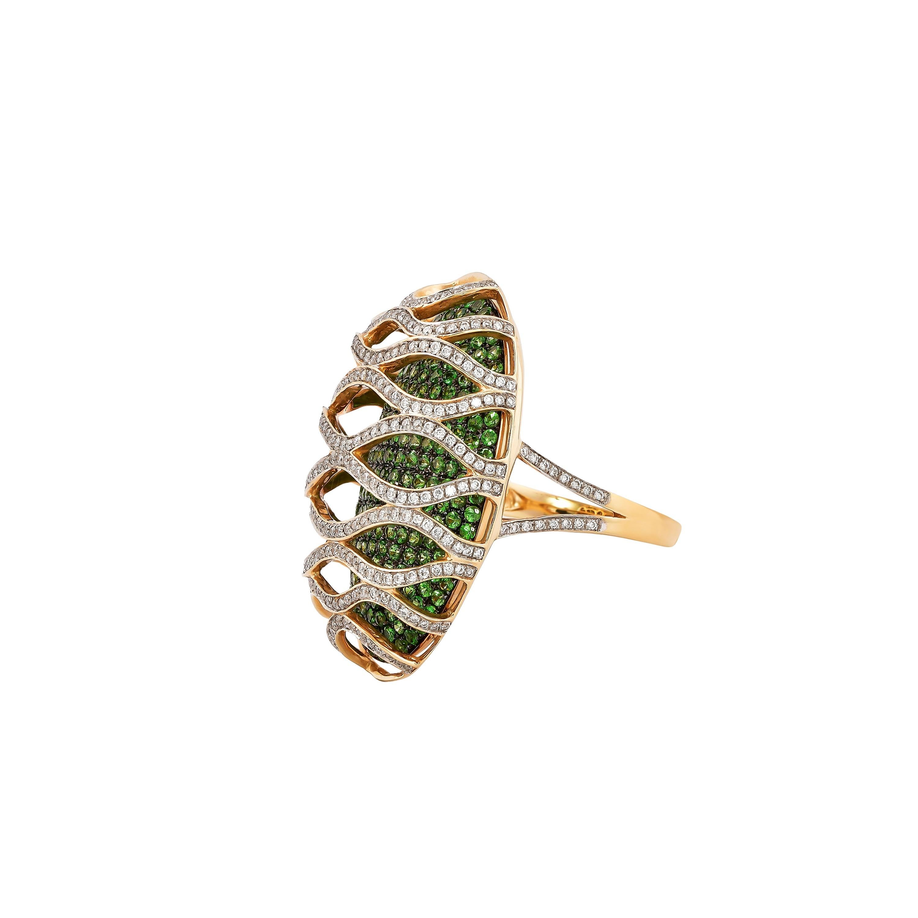 Contemporary Tsavorite with Diamond Cocktail Ring in 14 Karat Yellow Gold For Sale
