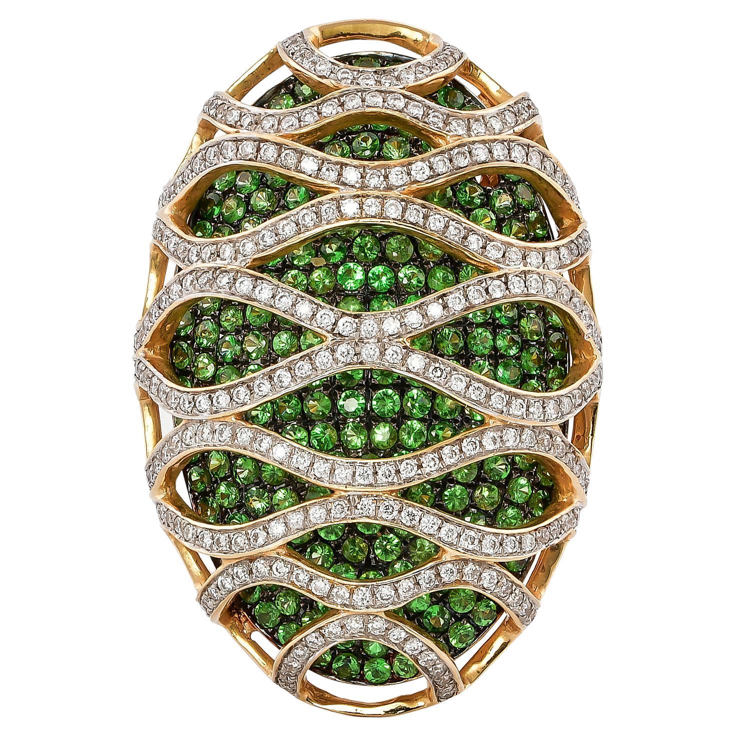 Tsavorite with Diamond Cocktail Ring in 14 Karat Yellow Gold For Sale