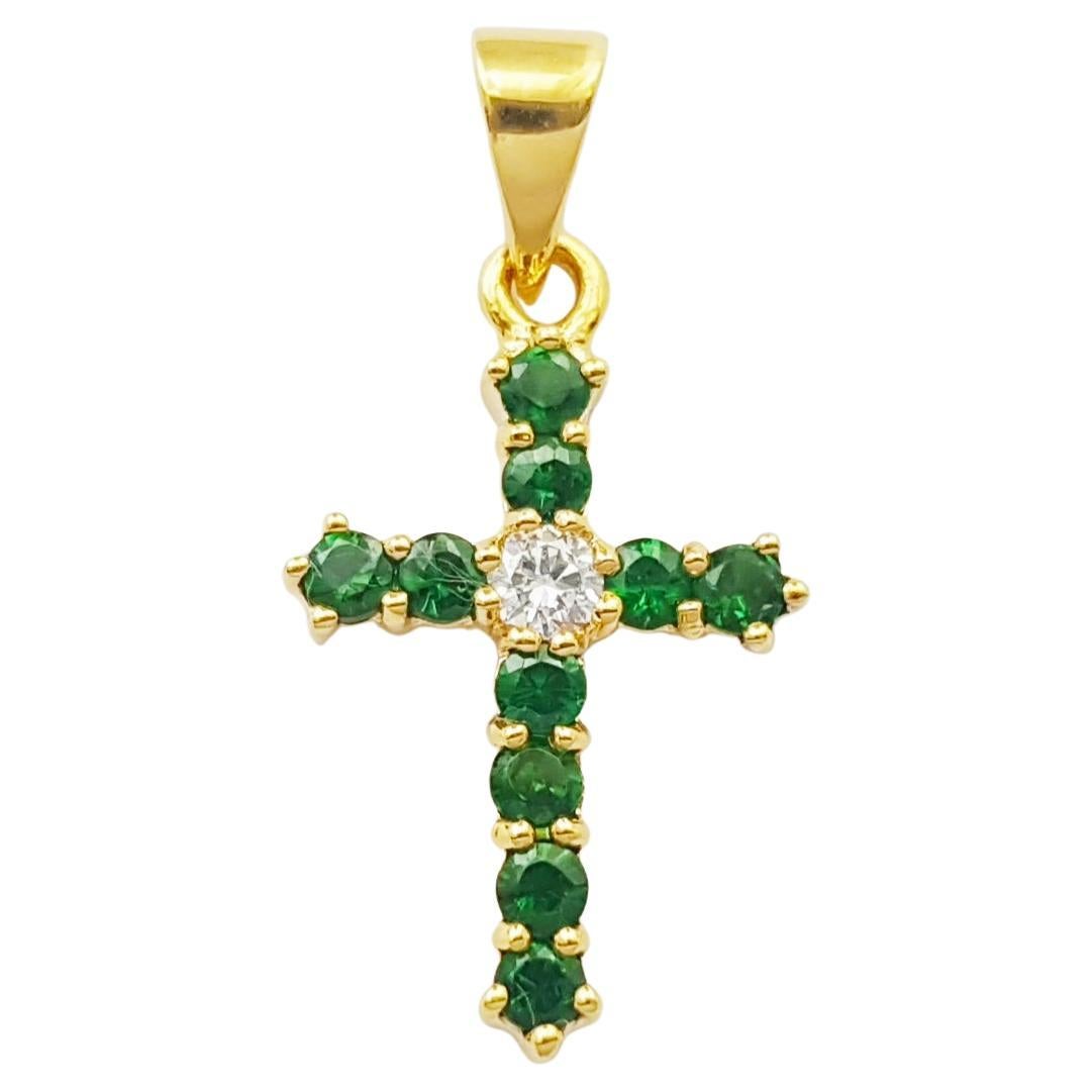 Tsavorite with Diamond Cross Pendant set in 18K Gold Settings