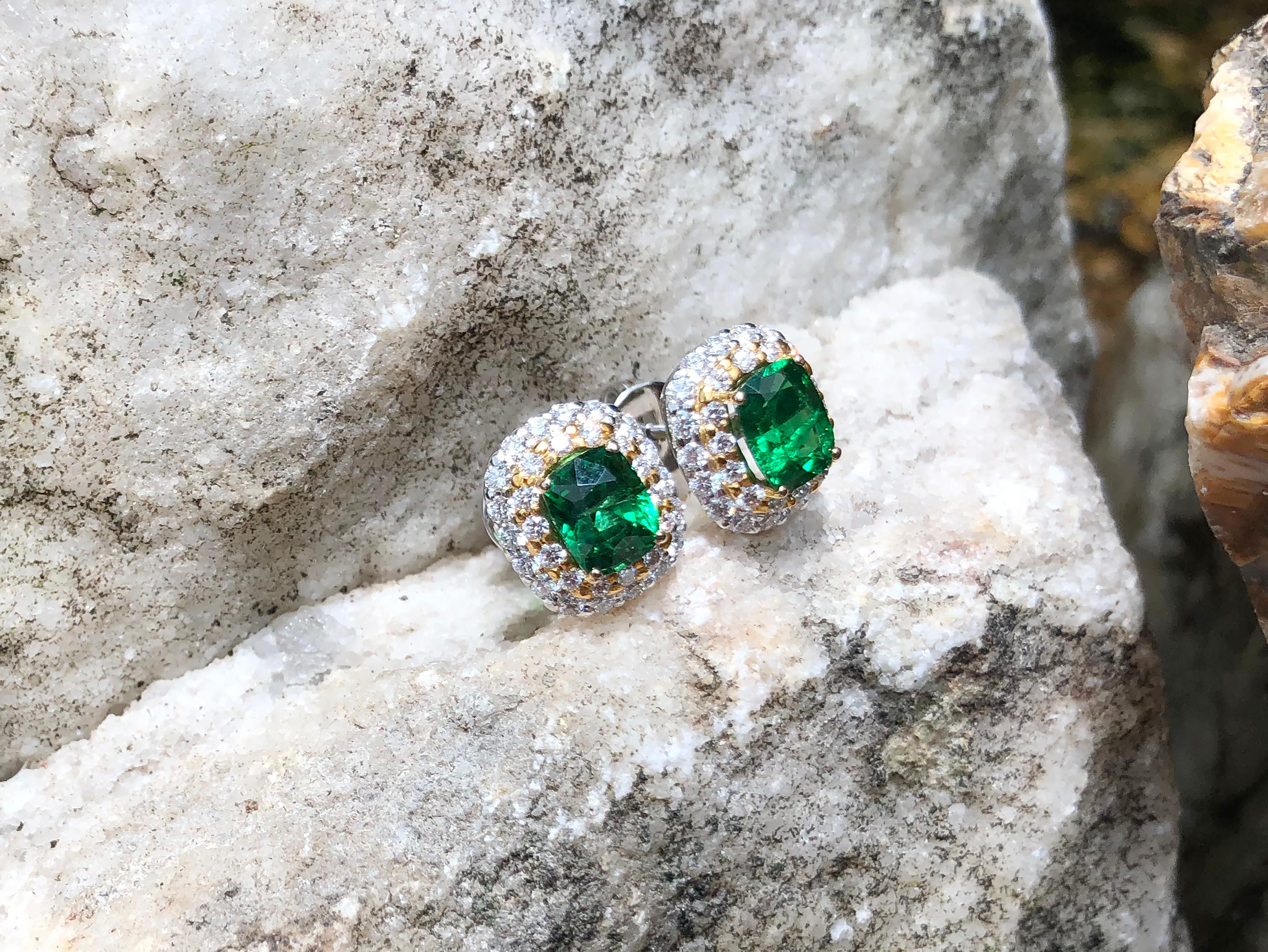 Cushion Cut Tsavorite with Diamond Earrings Set in 18 Karat White Gold Settings For Sale