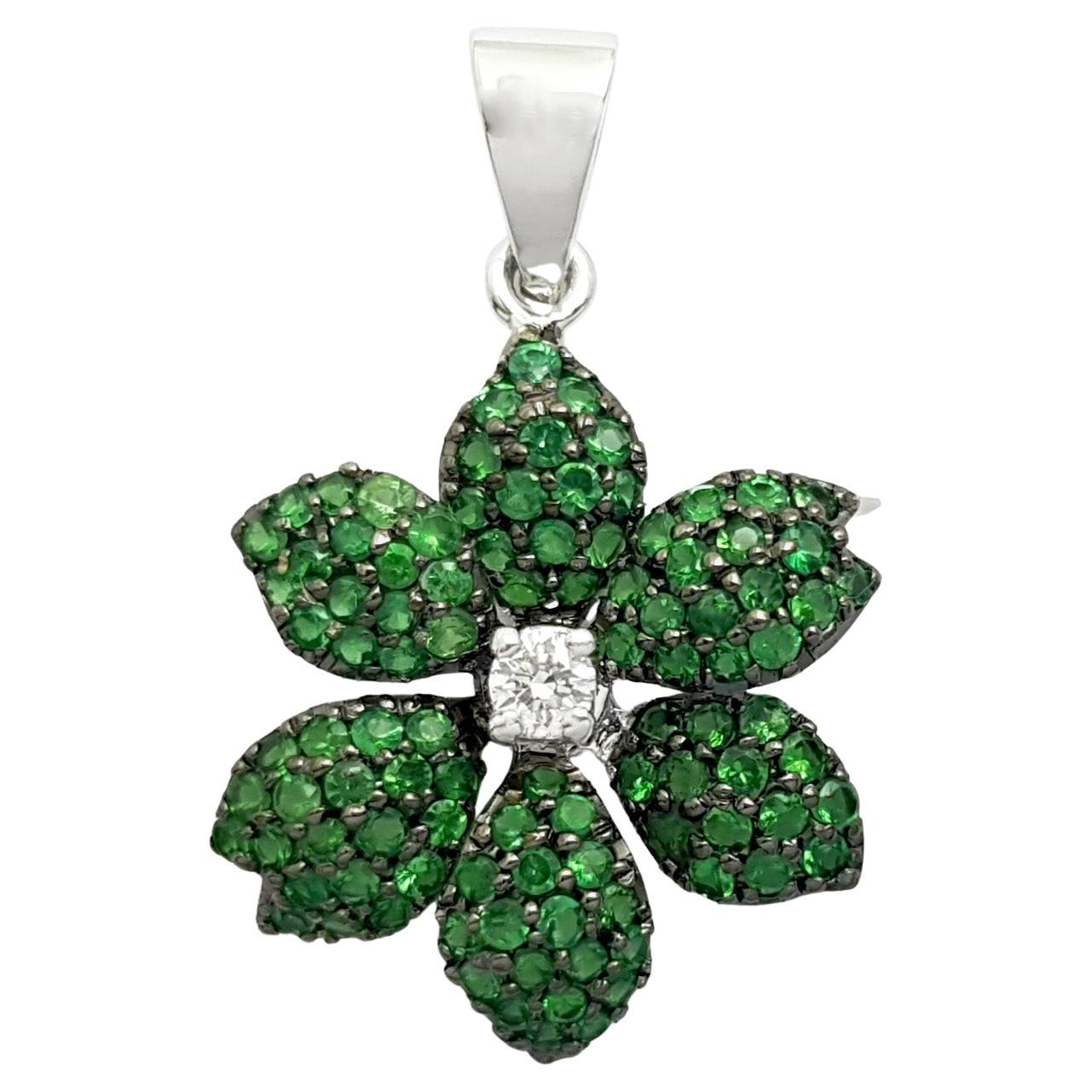 Tsavorite with Diamond Flower Pendant set in 18K White Gold Settings