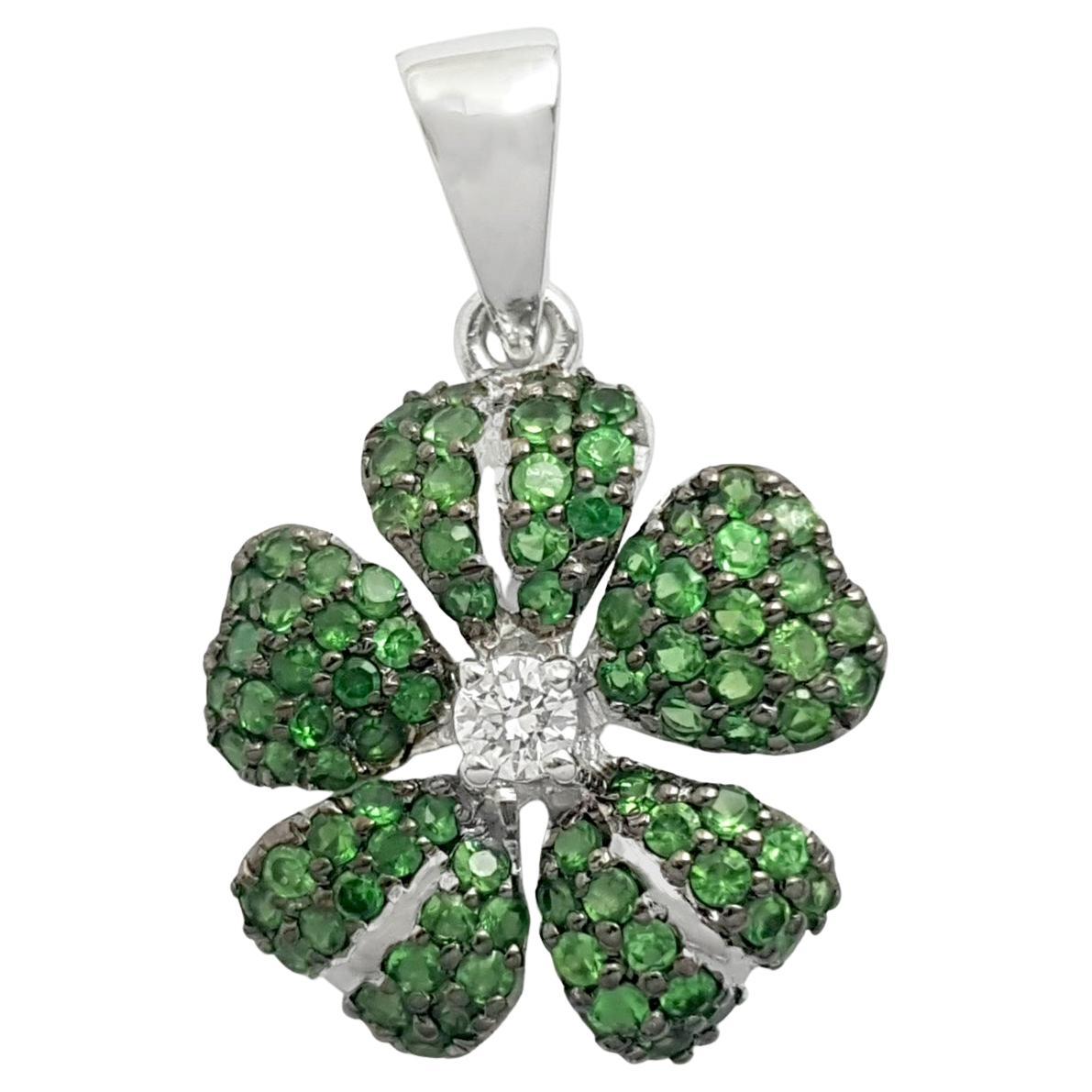 Tsavorite with Diamond Flower Pendant set in 18K White Gold Settings
