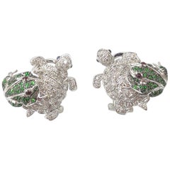 Tsavorite with Diamond Frog/Turtle Earrings Set in 18 Karat White Gold Settings