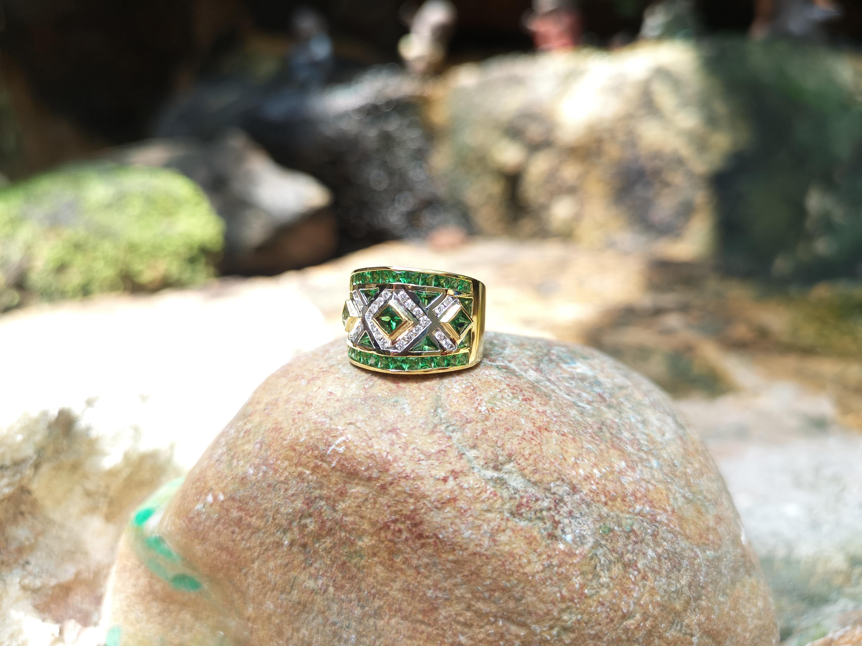 Mixed Cut Tsavorite with Diamond Ring Set in 18 Karat Gold Settings For Sale