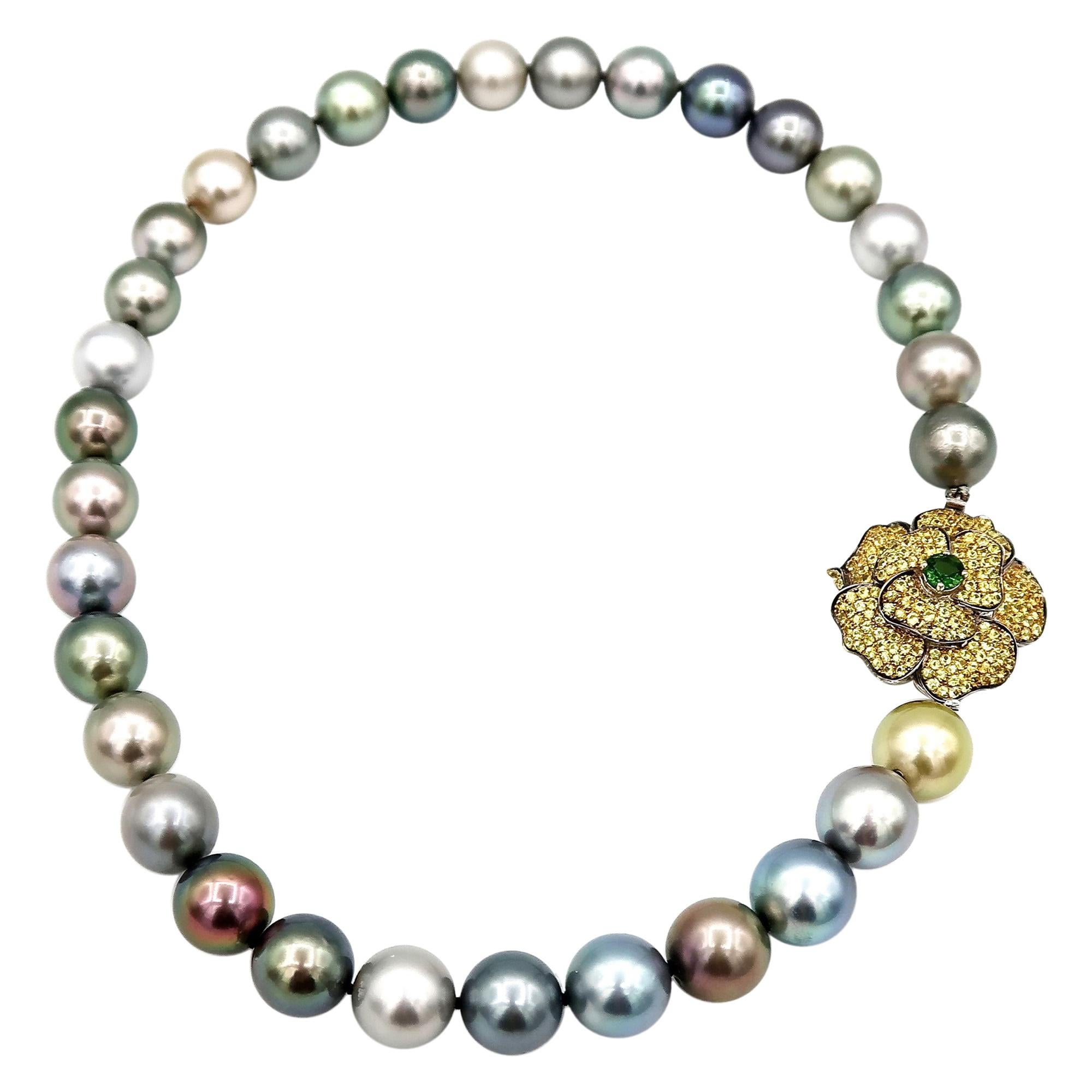 Tsavorite Yellow Sapphire Flower Multi-Color Tahitian South Sea Pearl Necklace For Sale