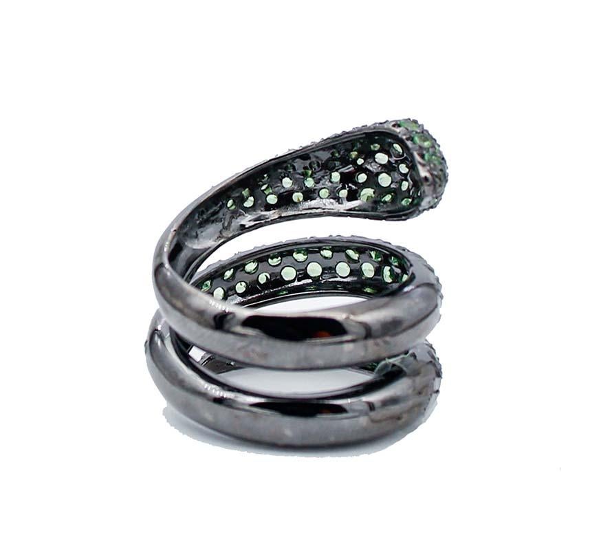 Mixed Cut Tsavorite, Diamonds, 18 Karat Black Gold Snake Ring For Sale