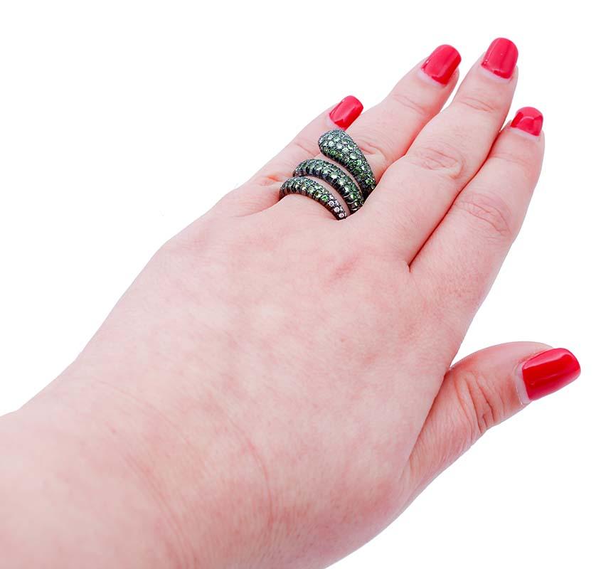 Women's Tsavorite, Diamonds, 18 Karat Black Gold Snake Ring For Sale