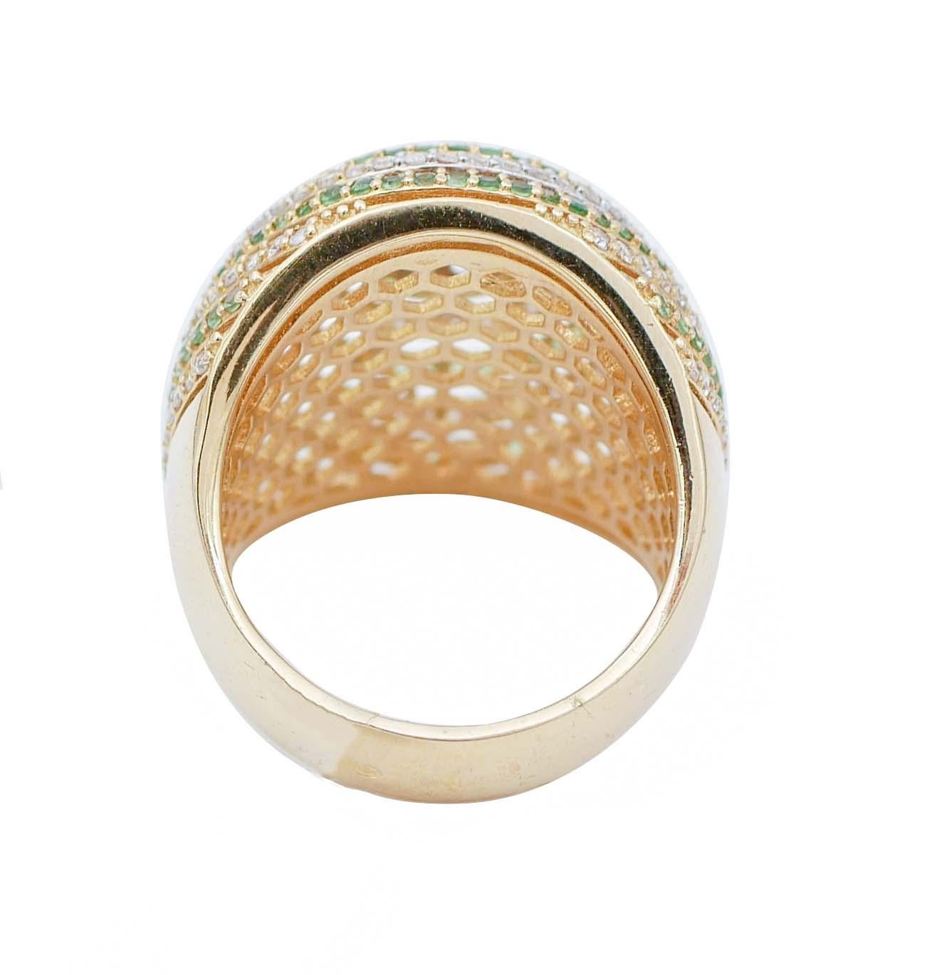 Retro Tsavorite, Diamonds, 18 Karat Yellow and White Gold Ring For Sale