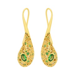Tsavorites 0.89 Carat Champagne Diamonds 18 Karat Yellow Gold Bubble Earrings