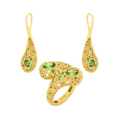 Parure bulle en or jaune 18 carats avec tsavorites et diamants champagne