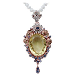 Tsavorites, Citrine, Sapphires Diamonds Pearls 9kt Rose Gold and Silver Necklace