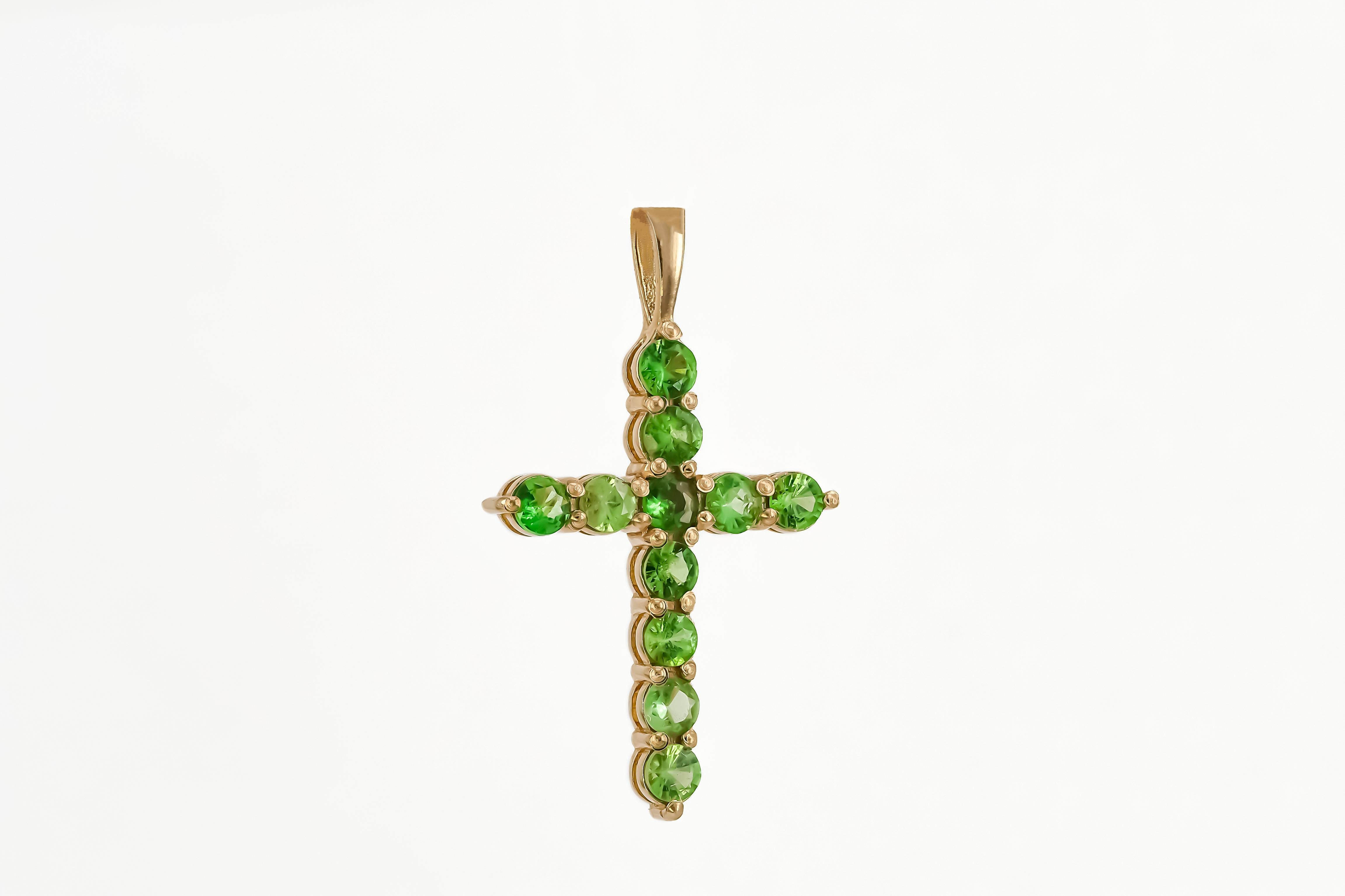 Modern Tsavorites Cross Pendant in 14k Gold, Gold Cross Pendant with Tsavorites