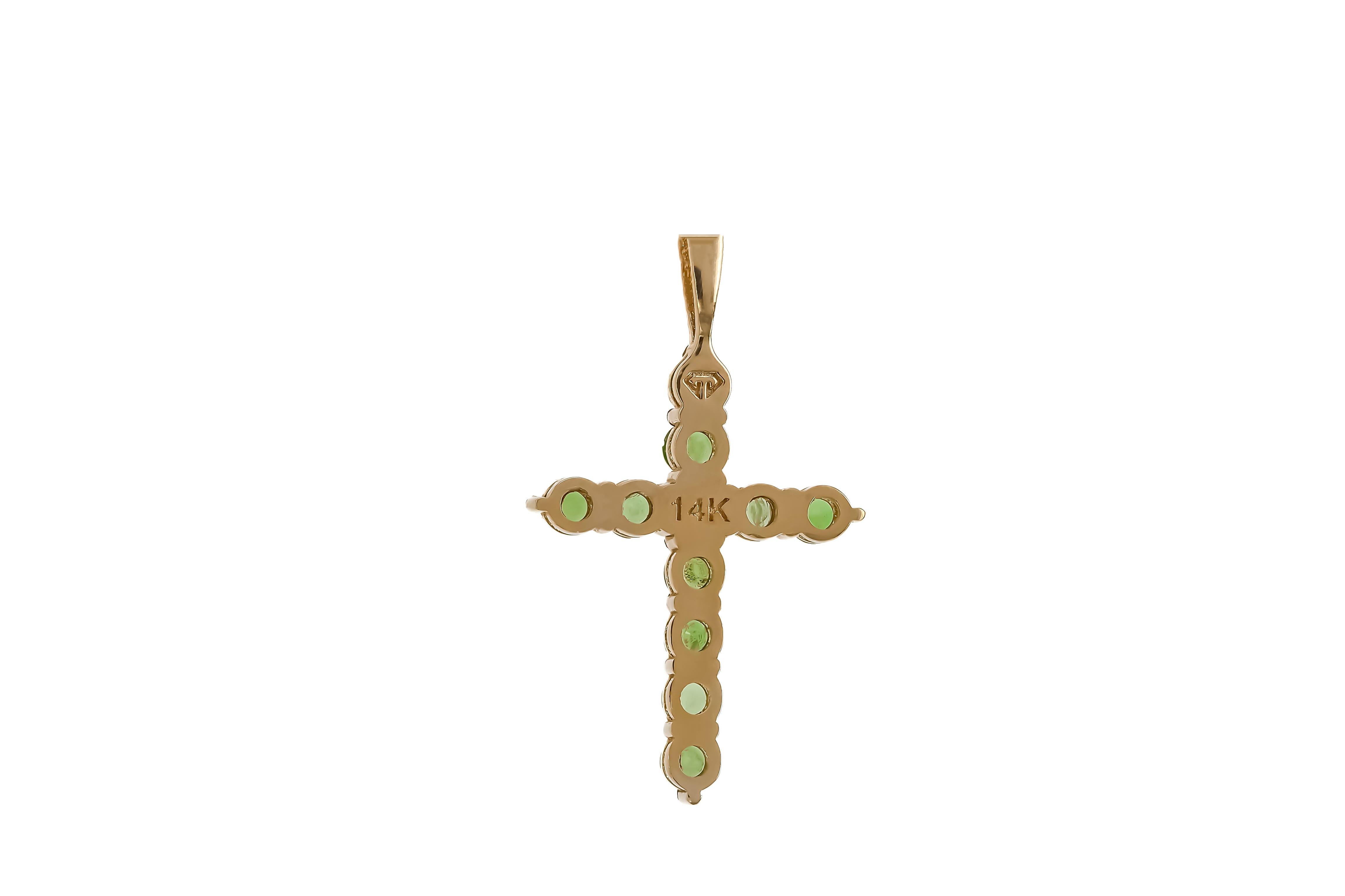 Round Cut Tsavorites Cross Pendant in 14k Gold, Gold Cross Pendant with Tsavorites