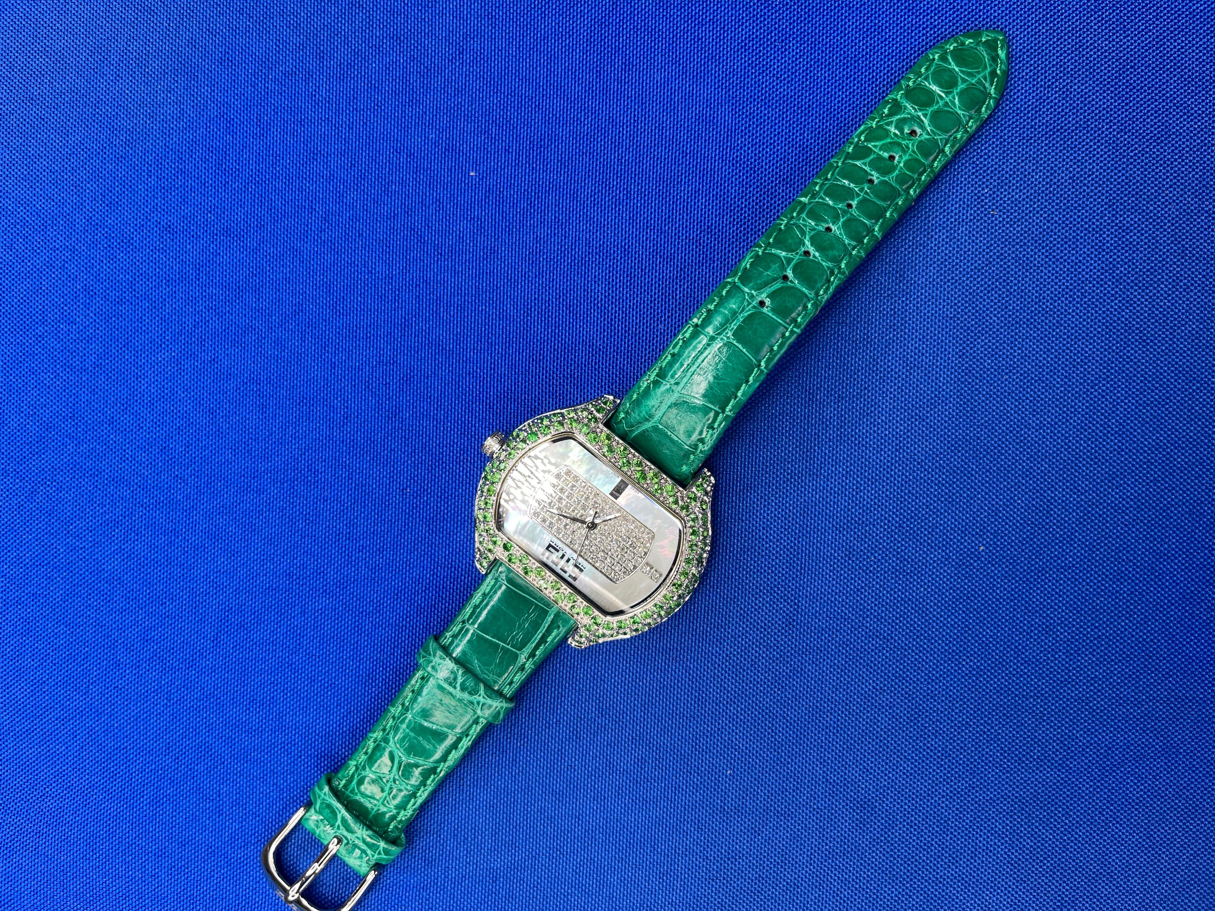 Tsavorites & Diamond Pave Dial Luxury Swiss Quartz Exotic Leather Band Watch For Sale 4