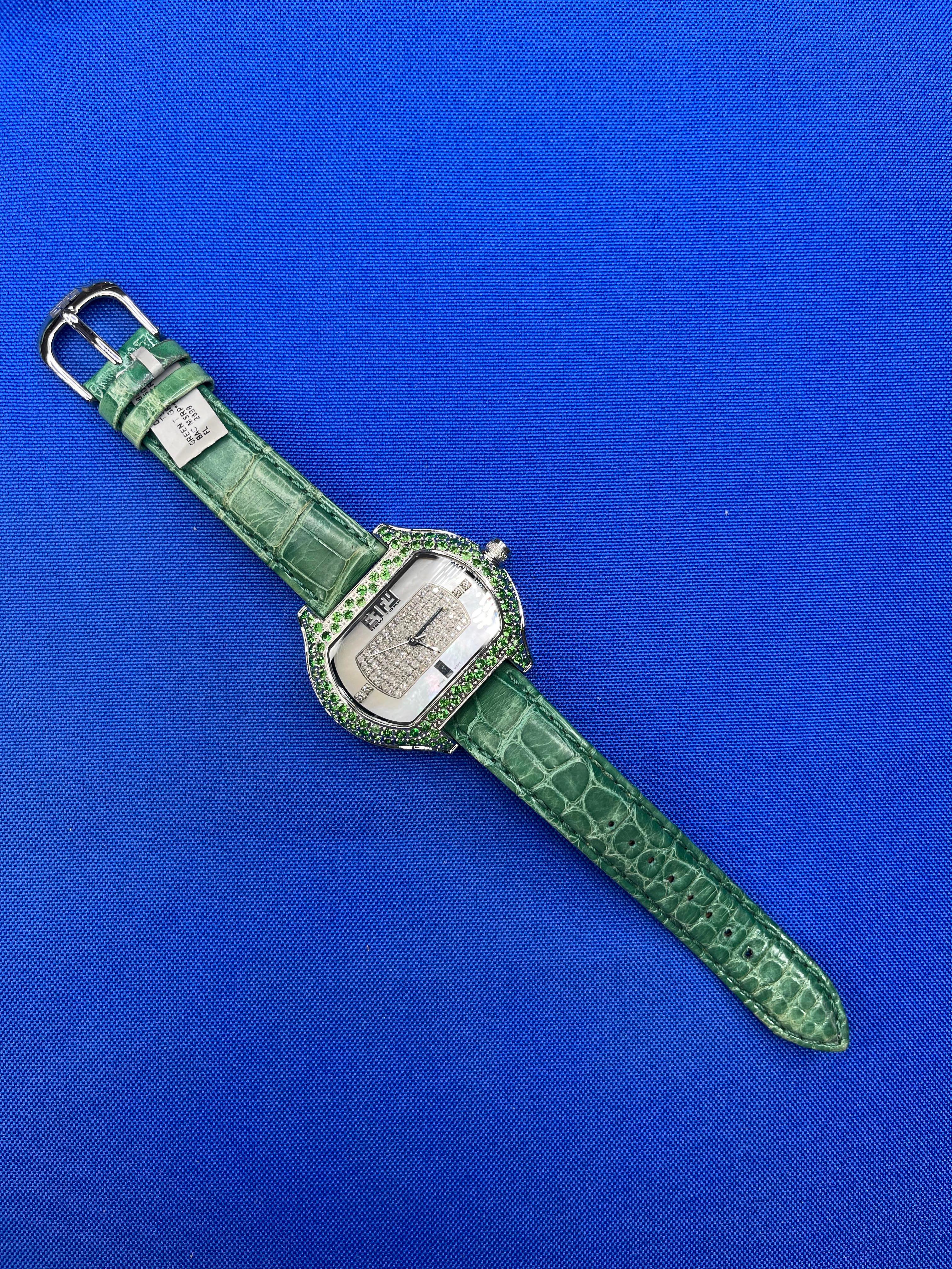Modern Tsavorites & Diamond Pave Dial Luxury Swiss Quartz Exotic Leather Band Watch For Sale