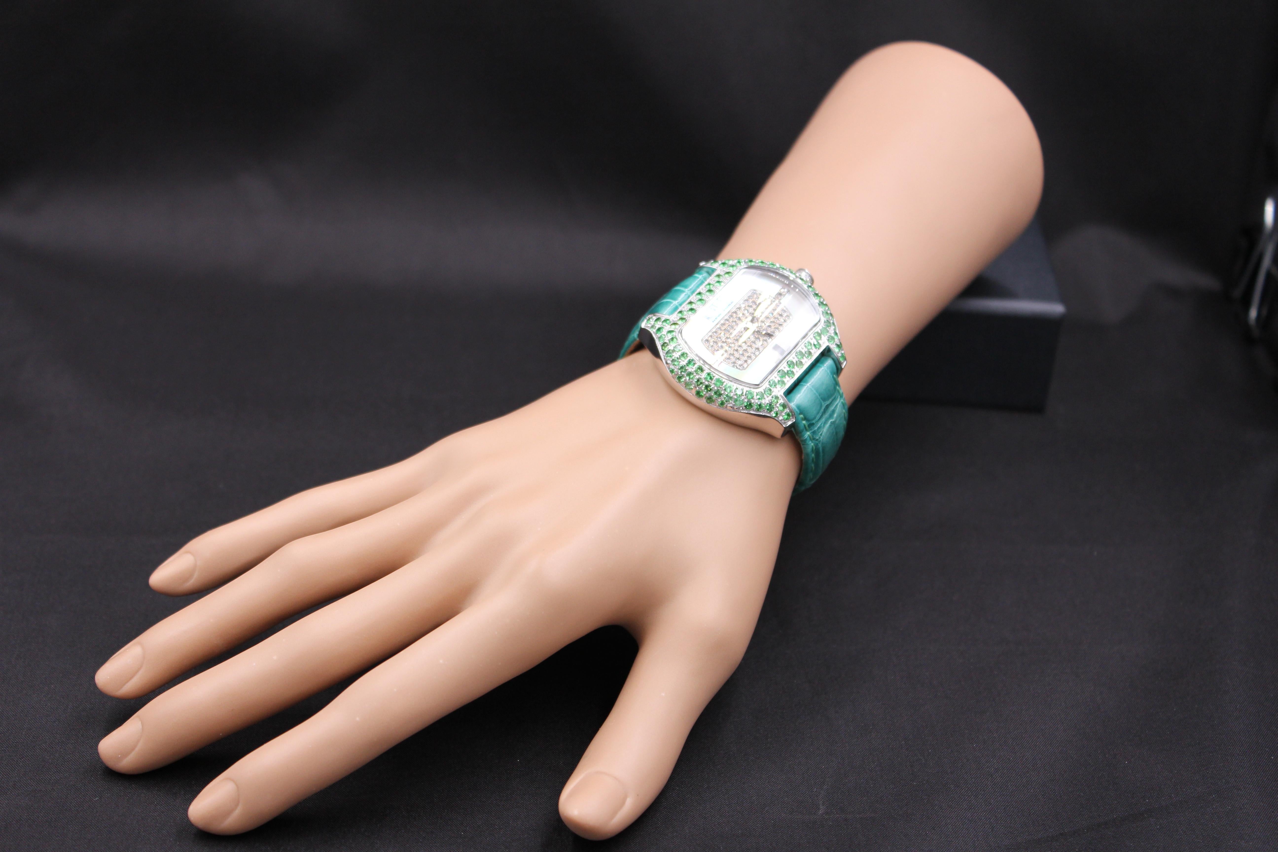 Mixed Cut Tsavorites & Diamond Pave Dial Luxury Swiss Quartz Exotic Leather Band Watch For Sale