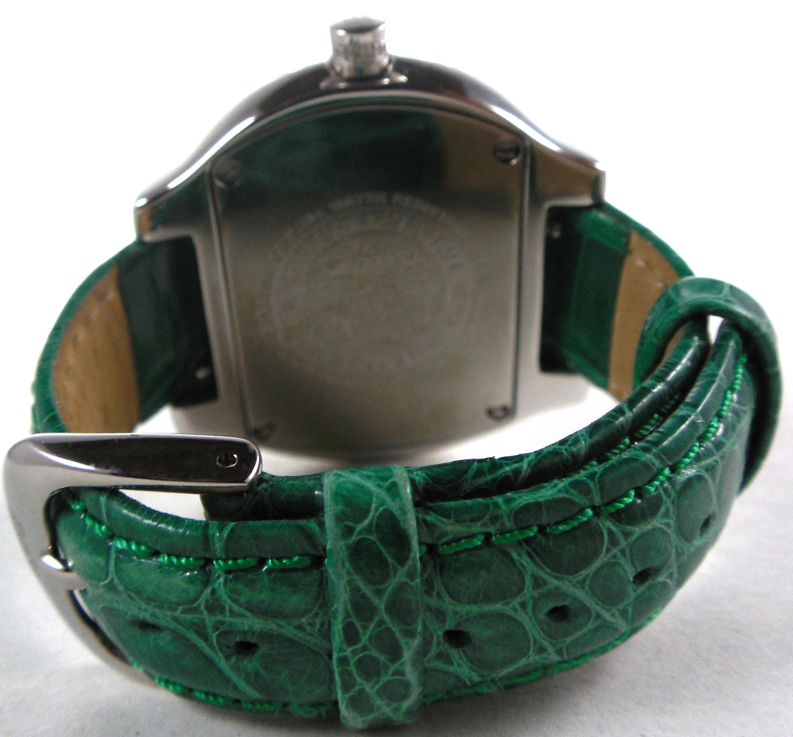 Tsavorites & Diamond Pave Dial Luxury Swiss Quartz Exotic Leather Band Watch In New Condition For Sale In Oakton, VA