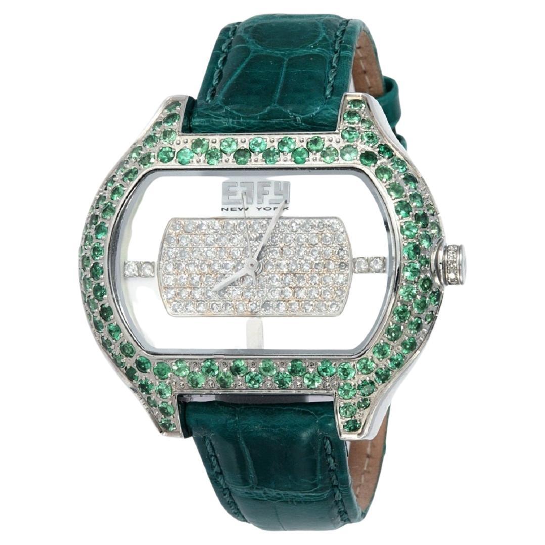 Tsavorites & Diamond Pave Dial Luxury Swiss Quartz Exotic Leather Band Watch For Sale