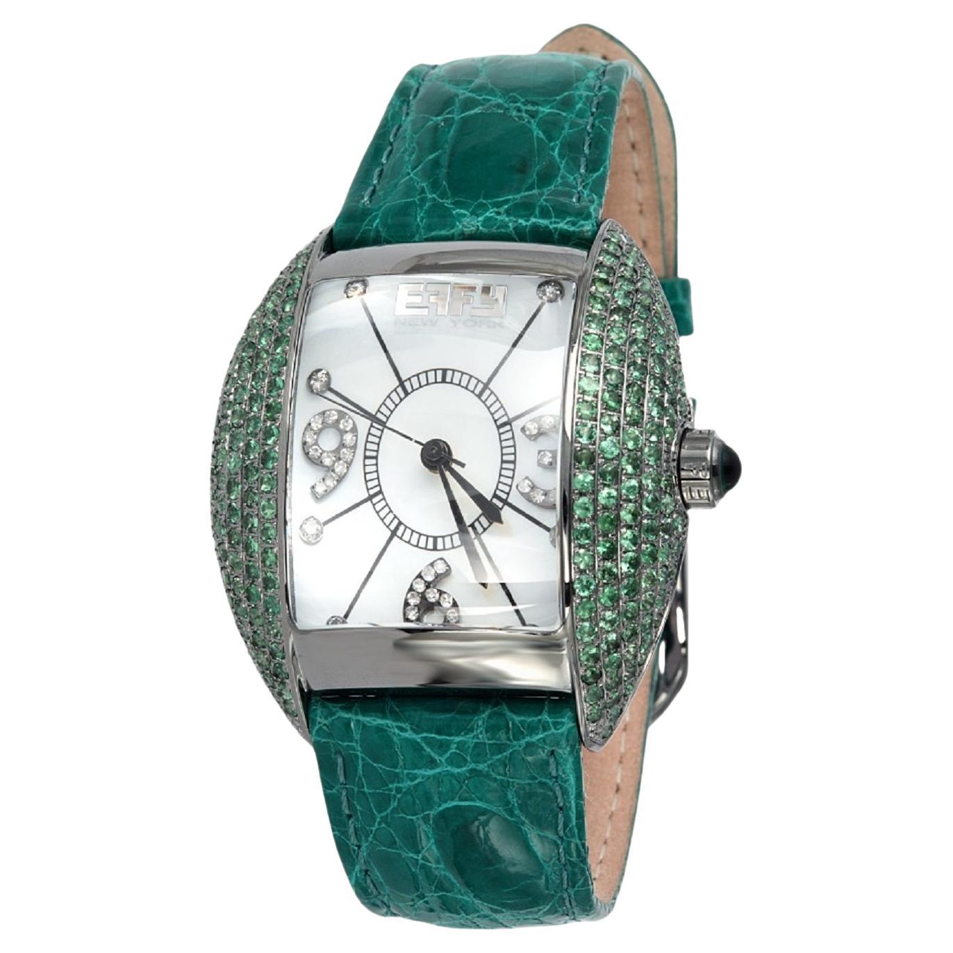 Tsavorites & Diamond Pave Dial Luxury Swiss Quartz Exotic Leather Band Watch en vente