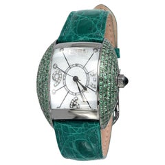 Tsavorites & Diamond Pave Dial Luxury Swiss Quartz Exotic Leather Band Watch