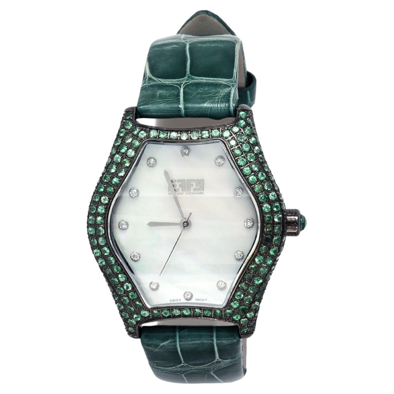 Tsavorites & Diamond Pave Dial Luxury Swiss Quartz Exotic Leather Band Watch For Sale