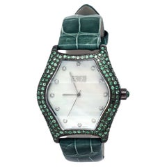 Tsavorites & Diamond Pave Dial Luxury Swiss Quartz Exotic Leather Band Watch