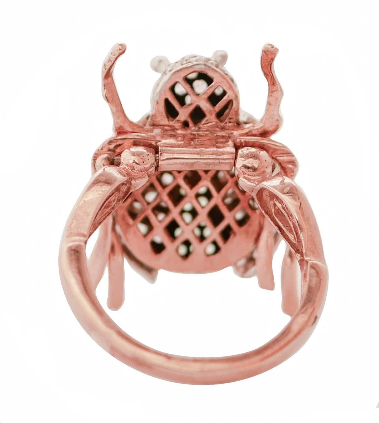 Tsavorit, Diamant, Roségold und Silber Ladybug Mode-Ring (Retro) im Angebot