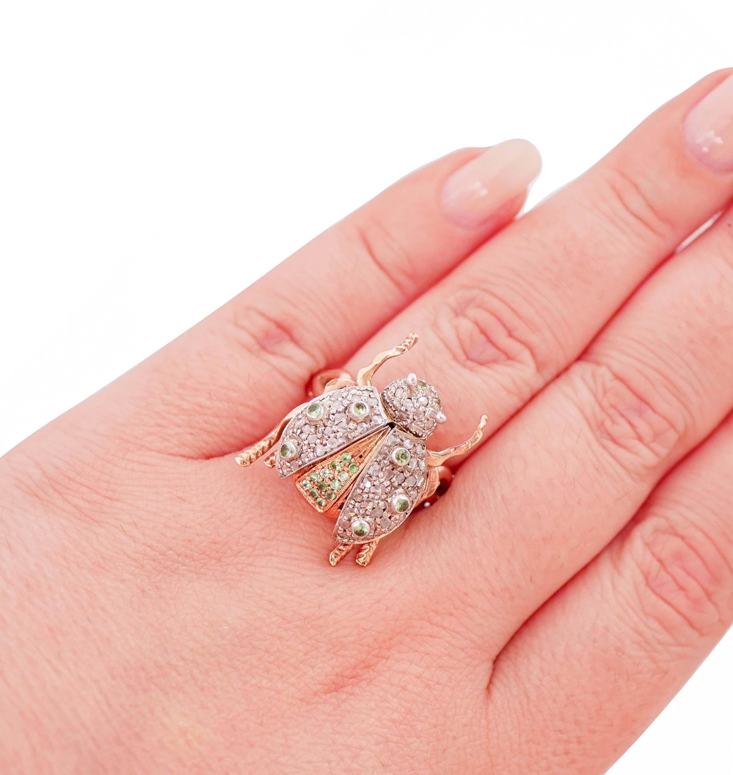 Tsavorit, Diamant, Roségold und Silber Ladybug Mode-Ring im Zustand „Gut“ im Angebot in Marcianise, Marcianise (CE)