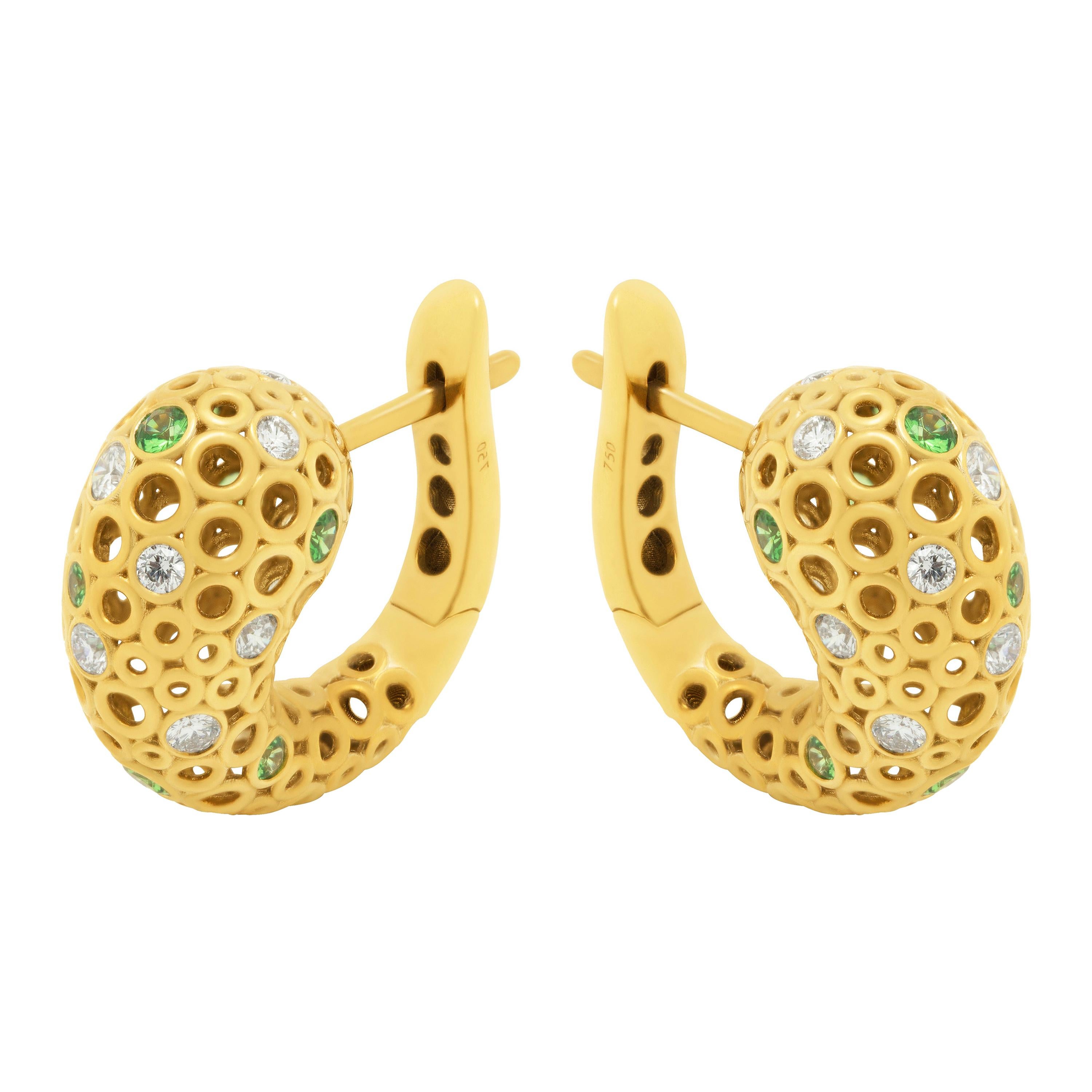 Boucles d'oreilles bulles en or jaune 18 carats avec tsavorites et diamants