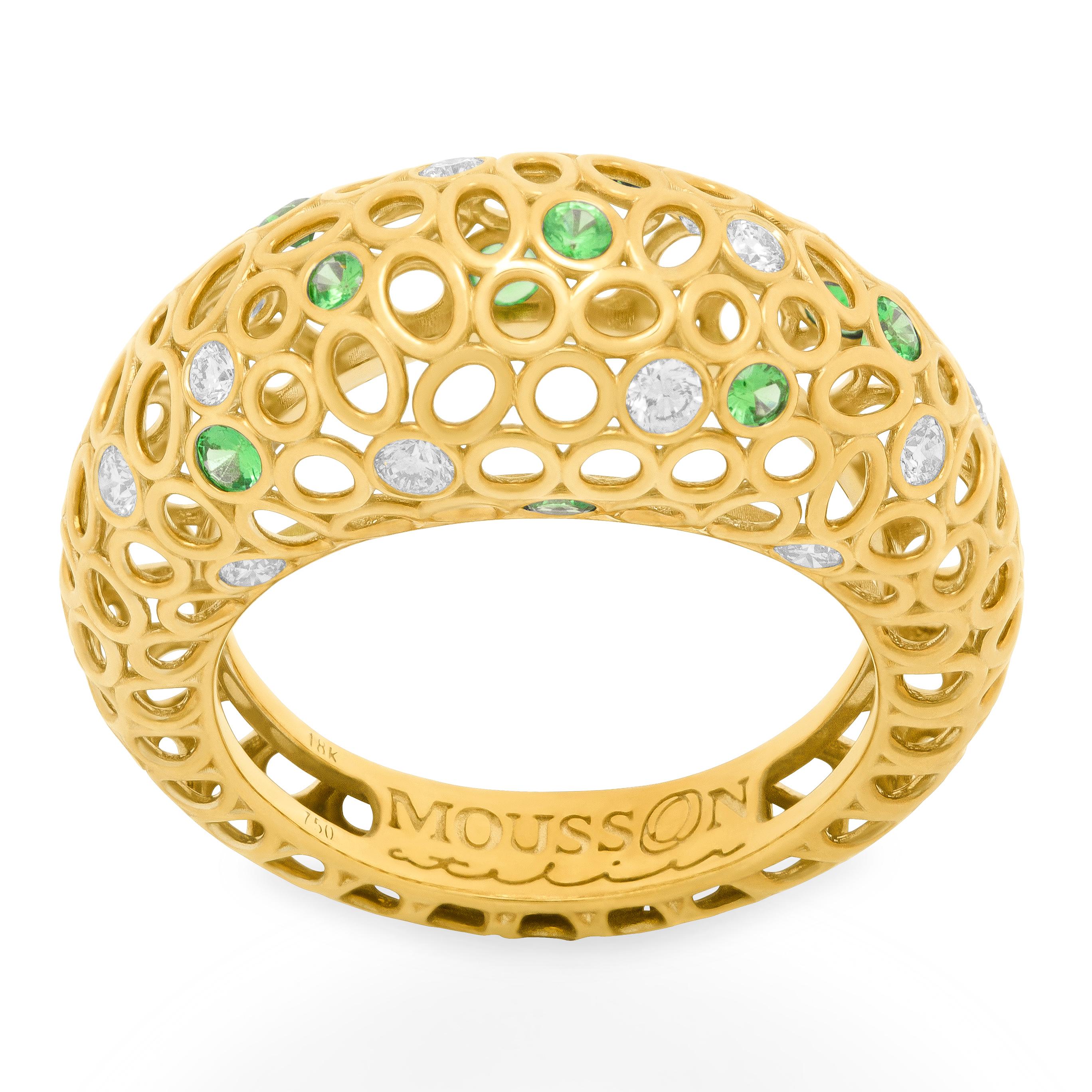 Tsavorites Diamonds 18 Karat Yellow Gold Bubble Ring
Incredibly light and airy Ring from our Bubbles Collection. Yellow 18 Karat Gold is made in the form of variety of small bubbles, some of which have 11 Tsavorites and 13 Diamonds setted. Instant